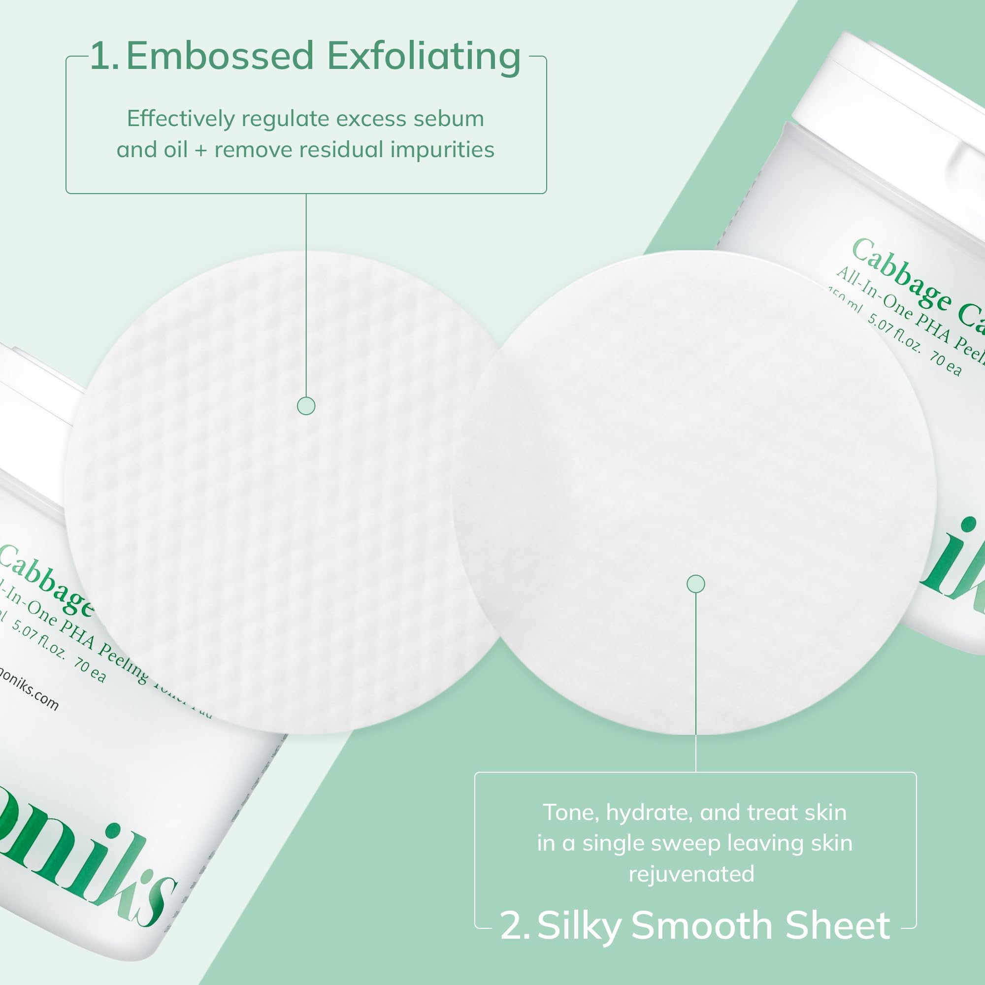 Keenoniks Dual Texture Toner Pads with Essence 70ea Value Pack - Cabbage Calming to Soothe, Minimize Pores and Control Sebum | W