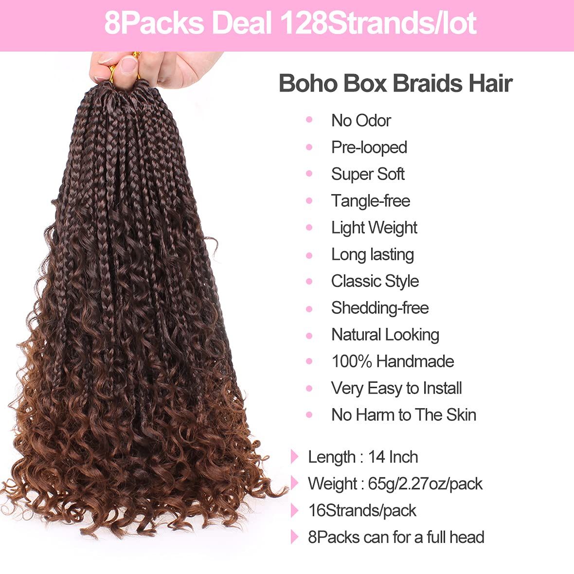 Unionbeauty 8Packs 14Inch Boho Box Braids Crochet Hair Pre-Looped Messy Goddess Box Braids Hair Bob Bohemian Hippie Braids Hair