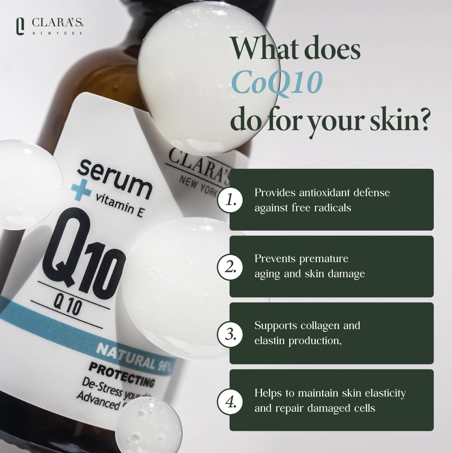 Clara'S New York | Q10 Antioxidant Serum | With Hydrolyzed Collagen, Ceramide Np, Vitmain E | Anti-Aging Protecting Repairing Sk