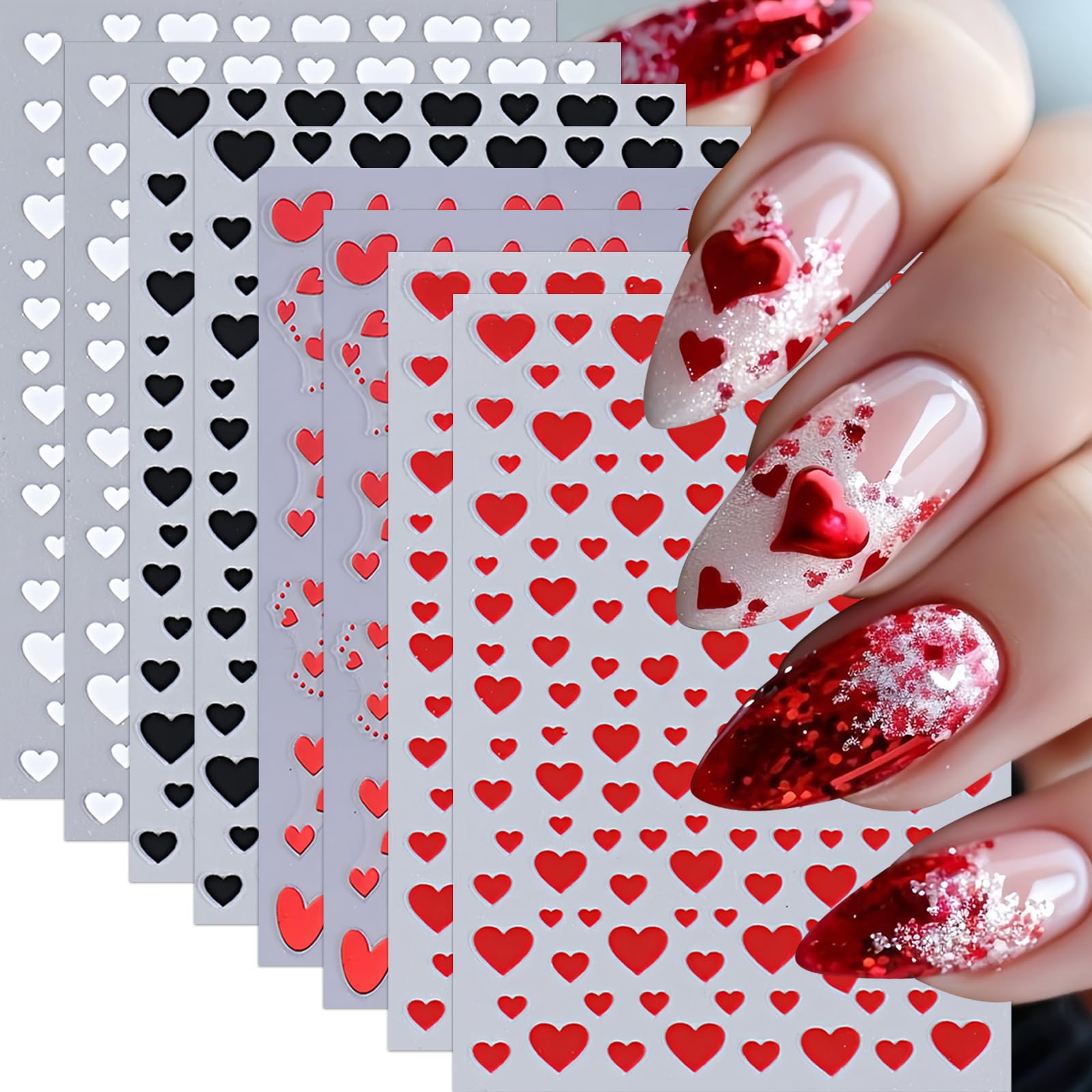 8Sheets Heart Nail Stickers Red Love Nail Decals 3D Self-Adhesive Valentine's Day Nail Art Stickers White Black Heart Nail Desig