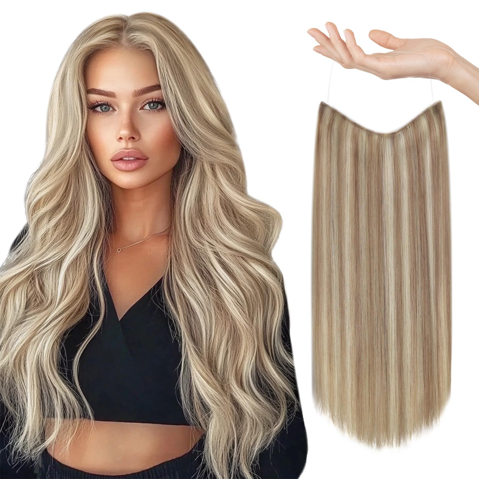Sunny Wire Hair Extensions Real Human Hair Fish Line Human Hair Extensions Invisible Wire Extensions Ash Blonde with Platinum Bl