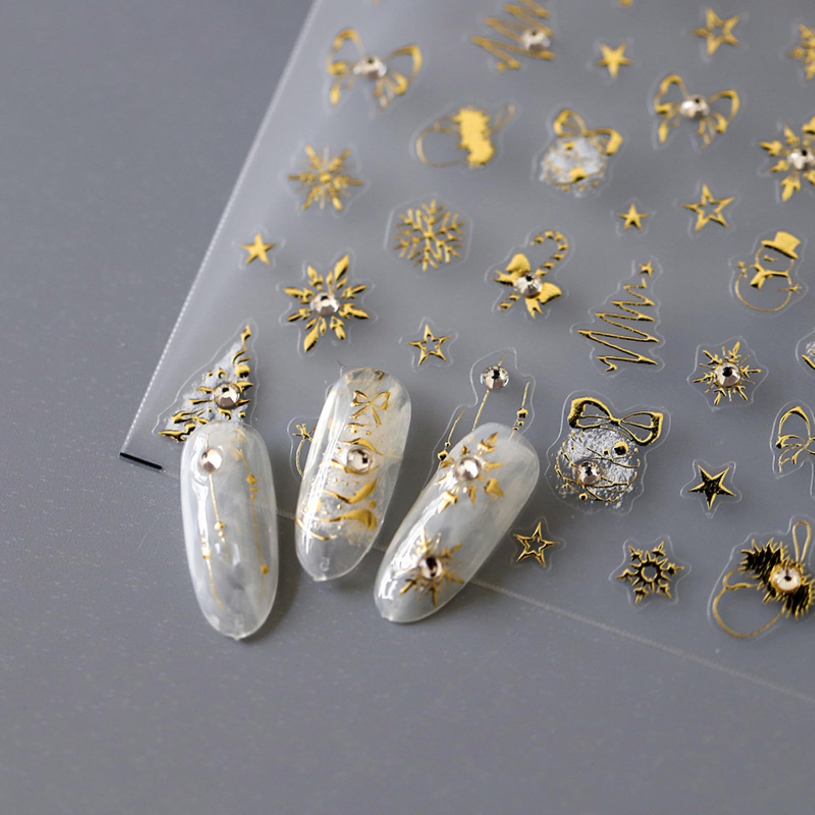Christmas Nail Art Stickers 5D Embossed Gold Canes Nail Stickers Self-Adhesive Snowflake Snowman Xmas Tree Rhinestone Star Nail 