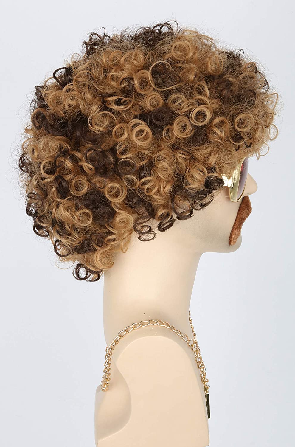 Topcosplay 3 Pieces Set Men Wigs Necklace Moustache Short Curly Halloween Wigs Blonde Mixed Brown, Glasses Not Included