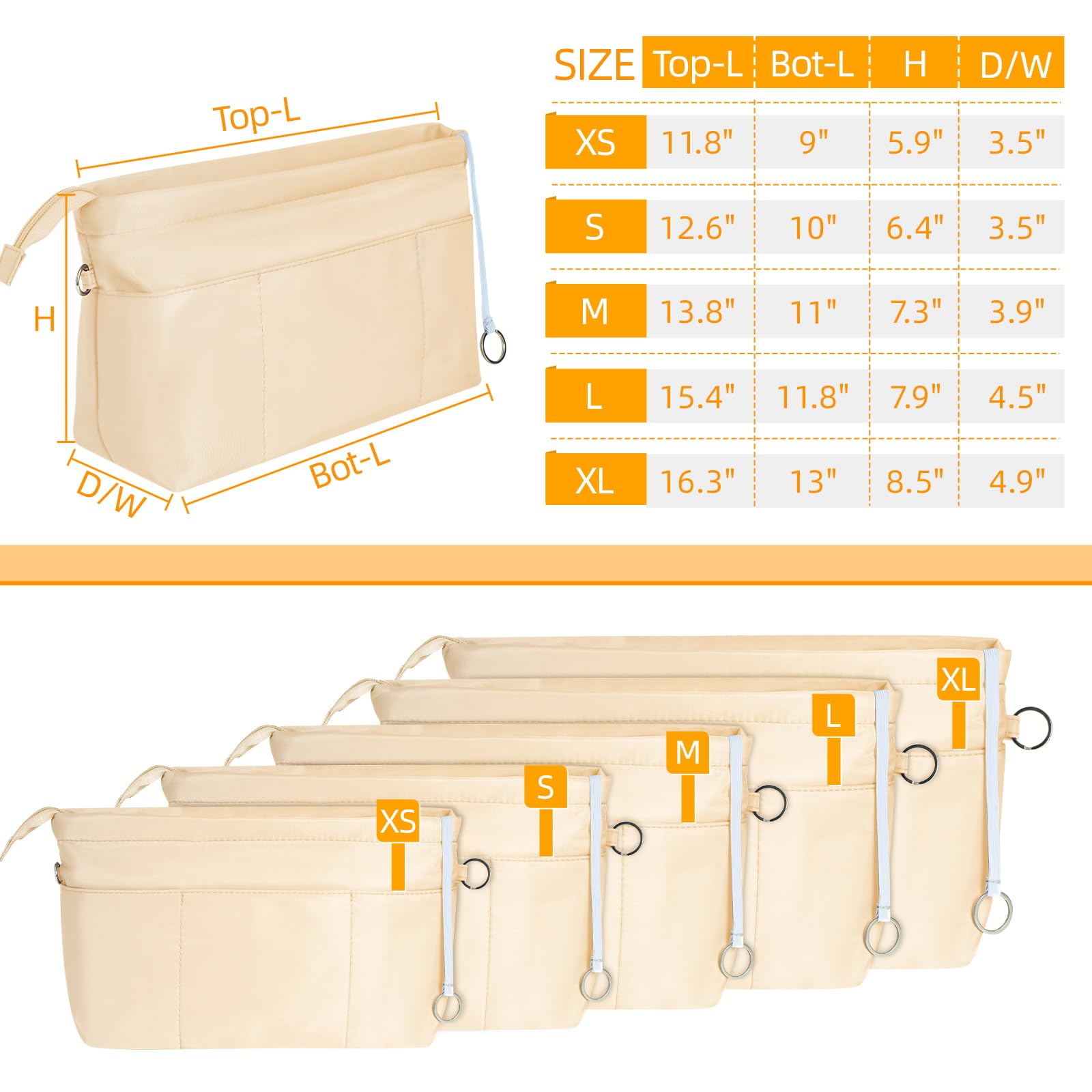 HyFanStr Purse Organizer Insert with Zipped Top for Tote Bag, Handbag Shaper with 13 Pockets, Beige L