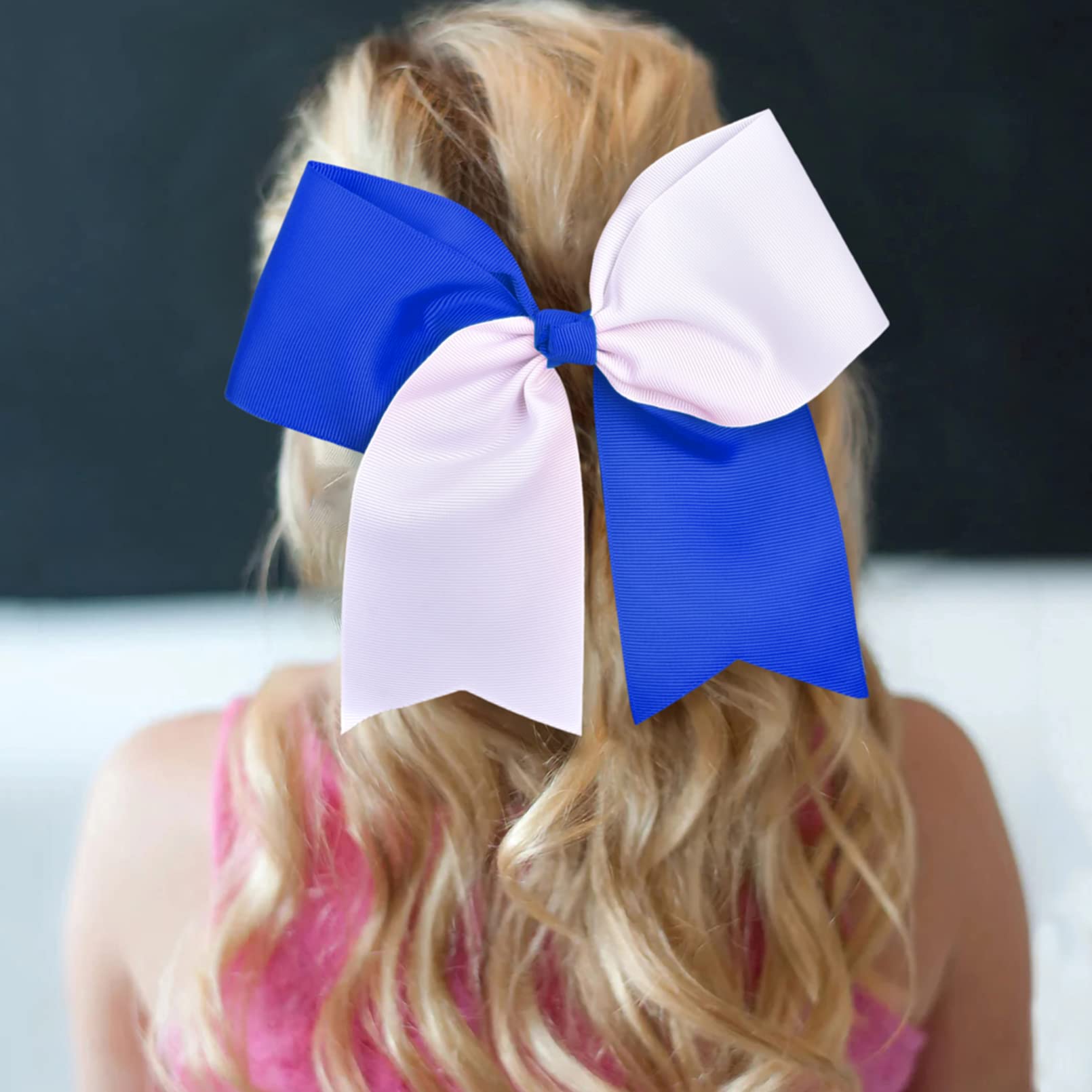 8'' Large Cheer Bows Ponytail Holder 12Pcs Girls Elastic Hair Ties Navy White Accessories For Women Youth Toddler Football Compe