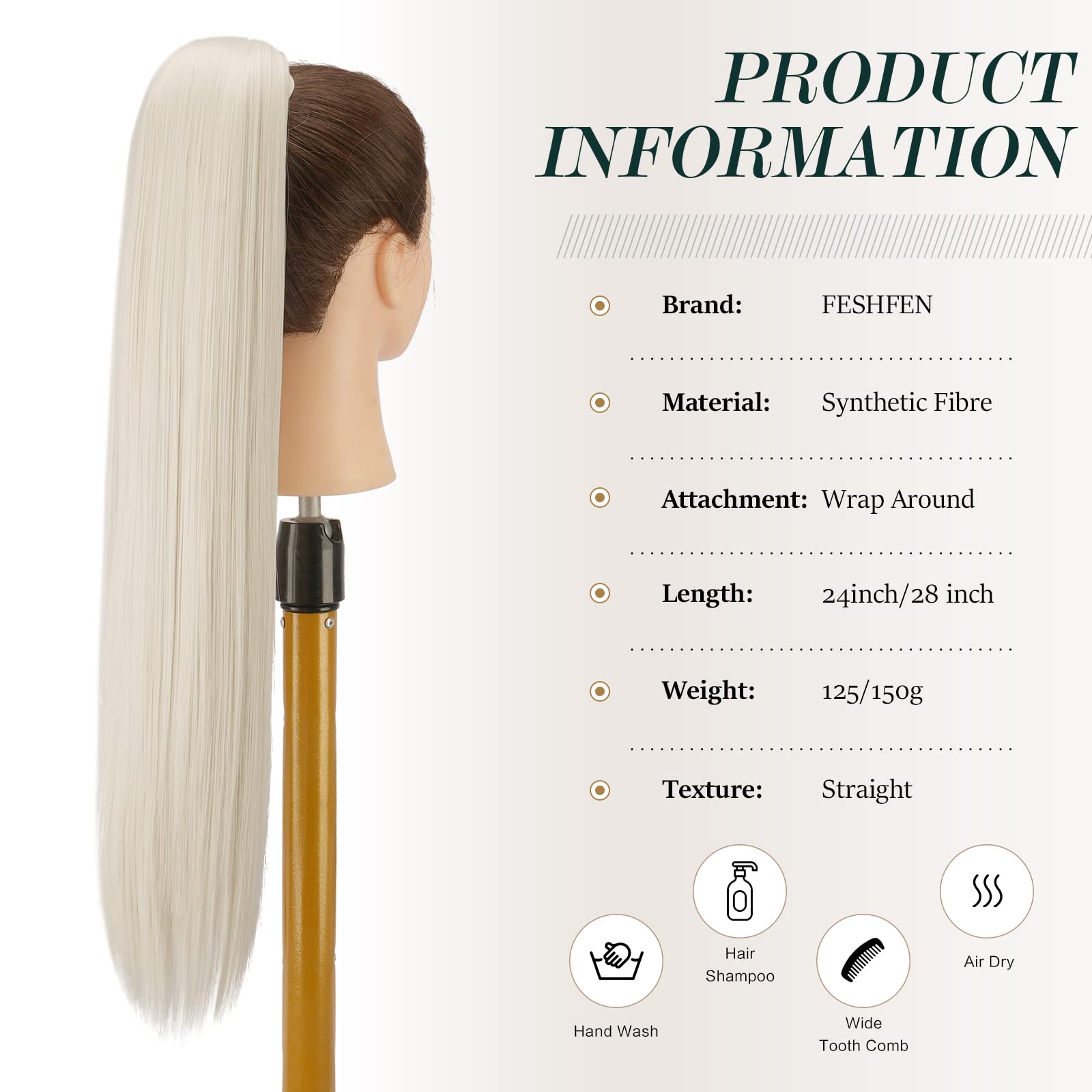 Feshfen Straight Long Ponytail Extensions 24 Inch Wrap Around Ash Platinum Blonde Synthetic Ponytails Hair Piece Pony Tail Hair