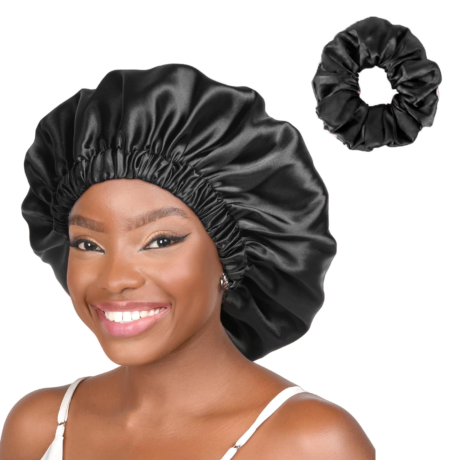 WIGI 100% Silk Satin, Double-Layer, Silk Bonnet for Sleeping Satin Bonnet with Scrunchie Gift, Breathable & Adjustable Black