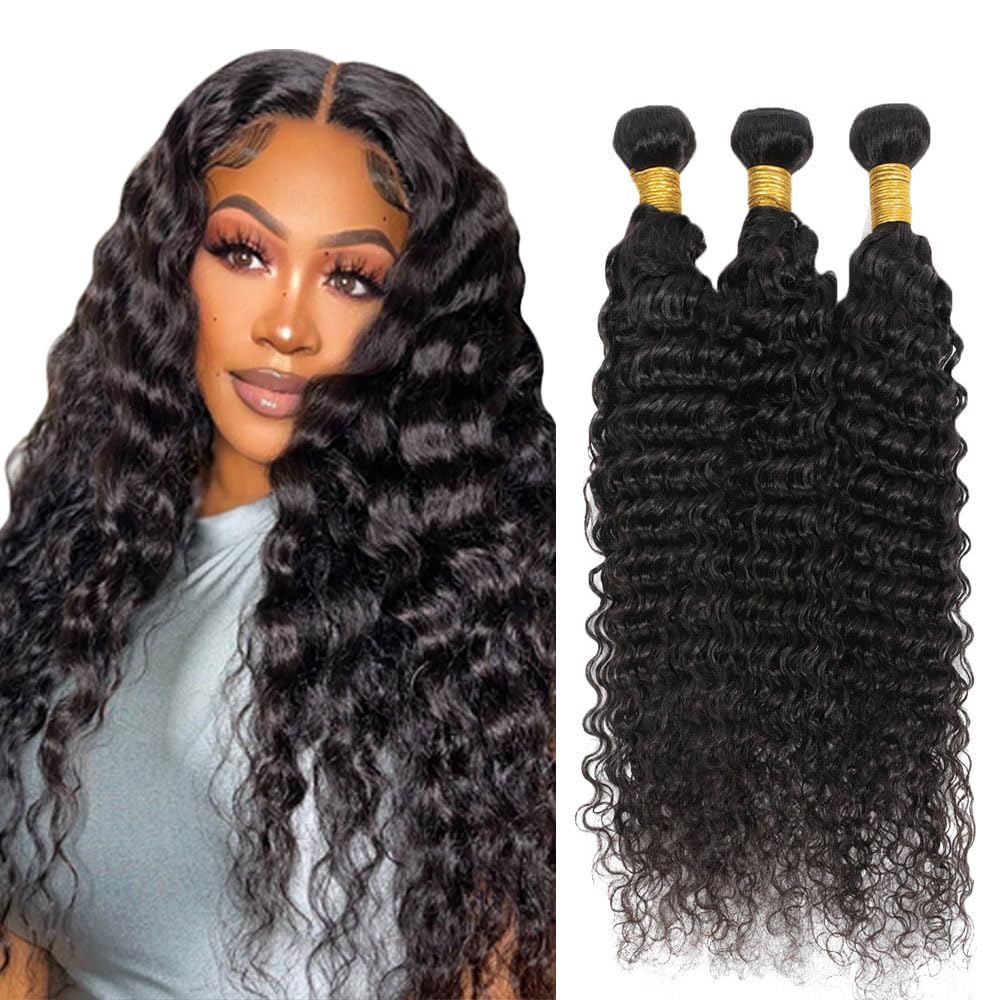30 30 30 Inch Deep Wave Bundles Human Hair 3 Bundles 50 Grams Per Bundle 10A Grade Unprocessed Brazilian Virgin Hair #1B Natural