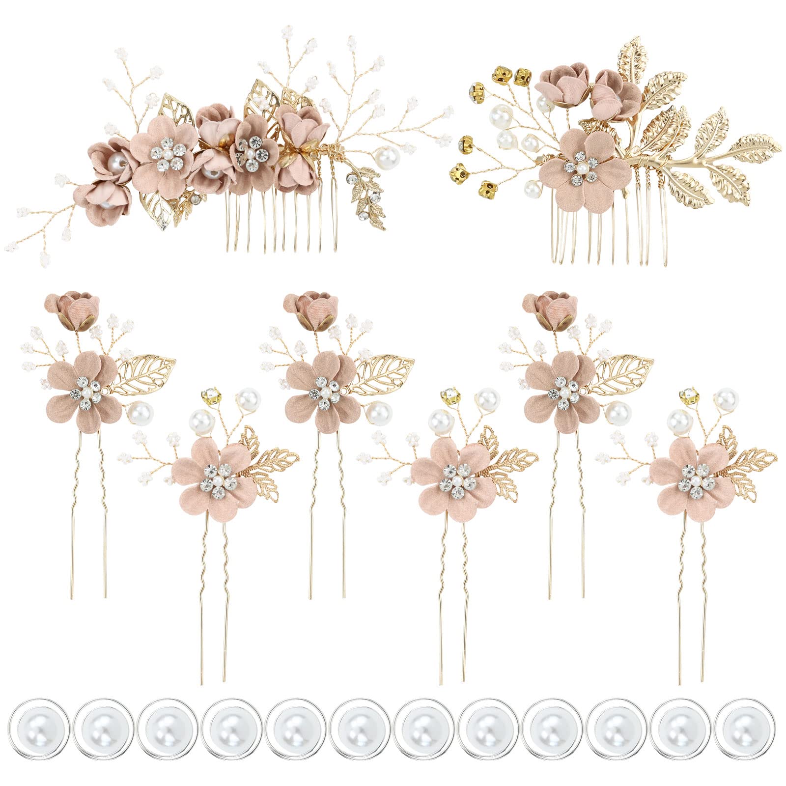 inSowni 20 Pack White Dusty Pink Blue Flower Bridal Wedding Hair Side Combs+Flower Hair Pins+Twist Spiral Pearl Hair Pins Floral
