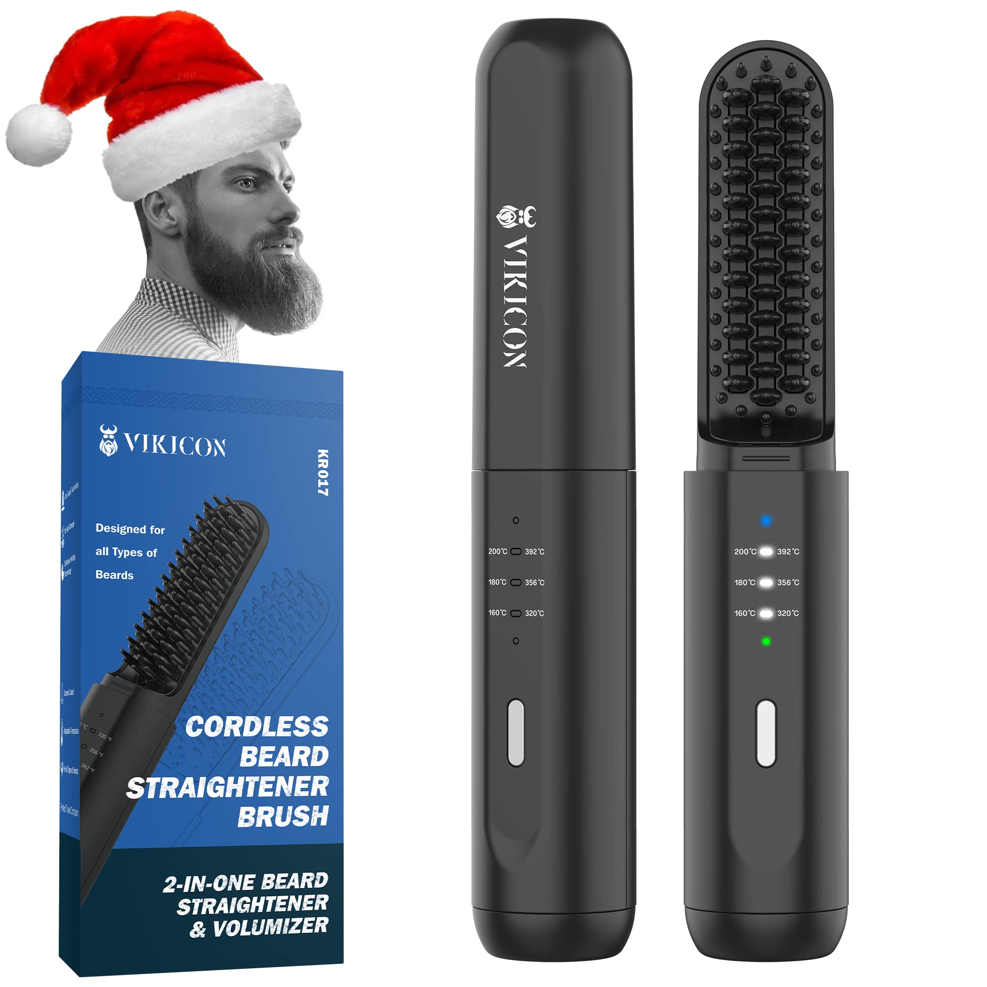 VIKICON Beard Straightening Heat Brush for Men, Cordless, Anti-Scald, Portable, Black - Perfect Valentine's Day Gift