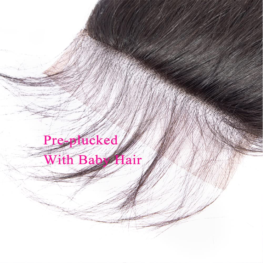 Isufer Straight Closure 4X4 Lace Closure Human Hair Pre Plucked 14 Inch With Baby Hair Bleached Knots Grade 12A Real Human Hair