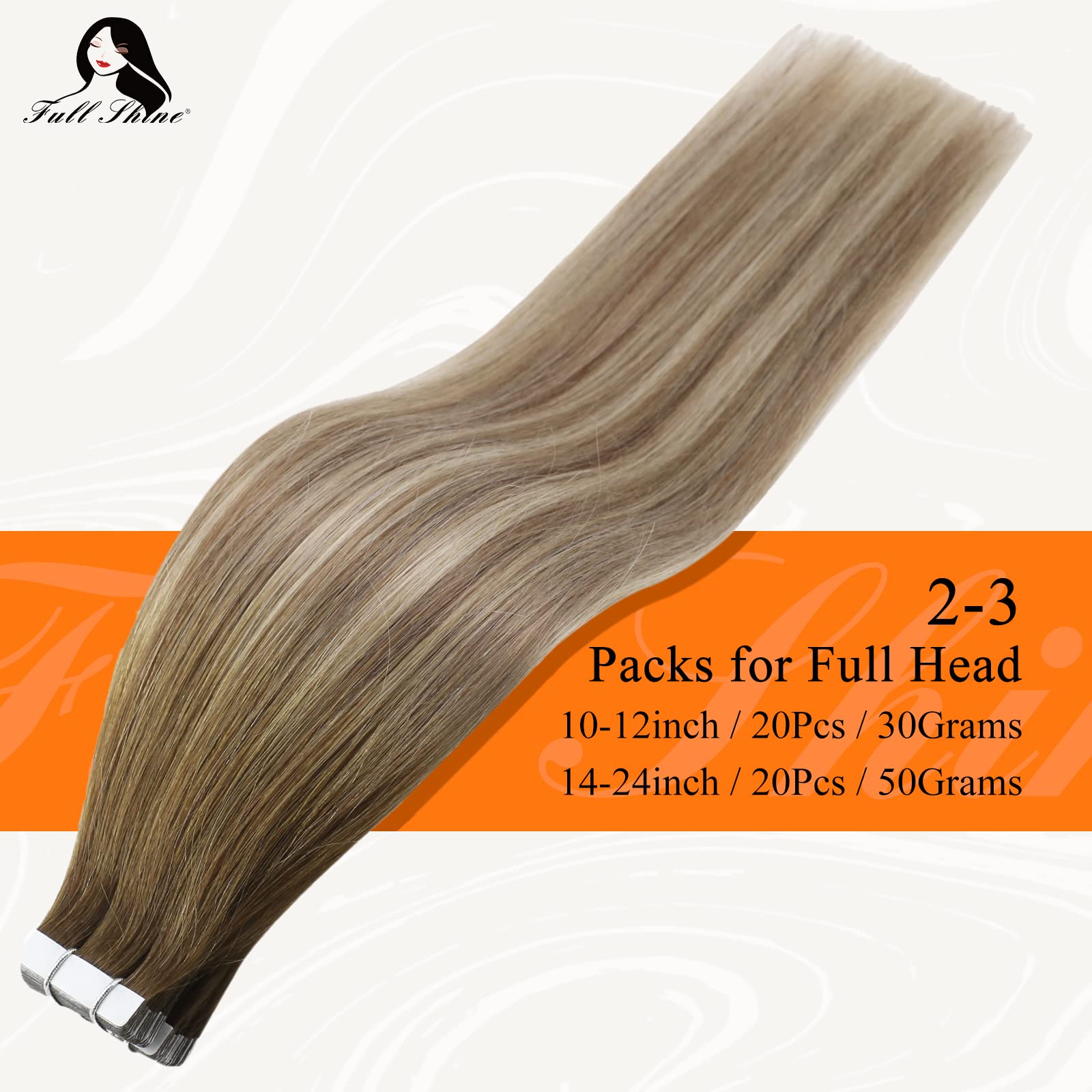 Full Shine Tape In Hair Extensions 16 Inch Glue On Hair Extensions Balayage Color 3 Dark Brown Fading To 8 Ash Brown Highlight 2