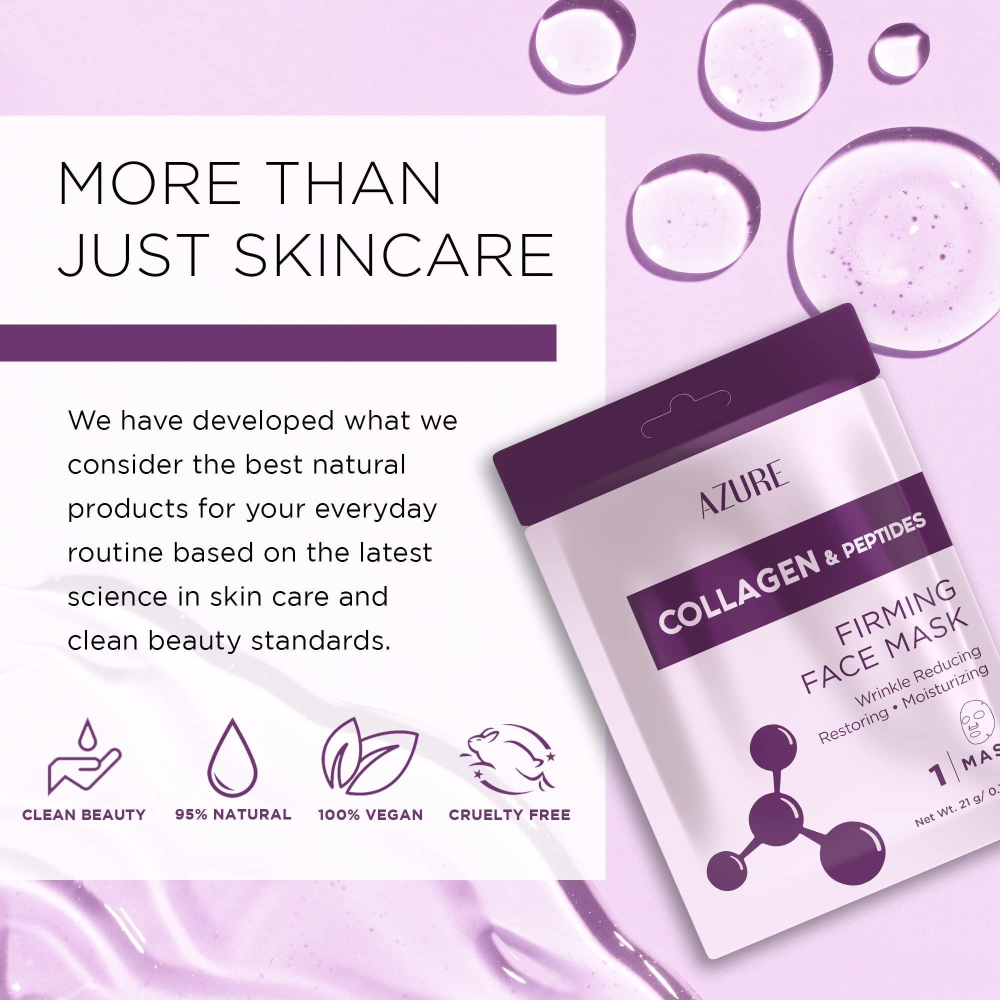 Azure Collagen & Peptides Lifting Sheet Facial Mask - Restoring, Smoothing & Moisturizing Face Mask - Helps Reduce Fine Lines &