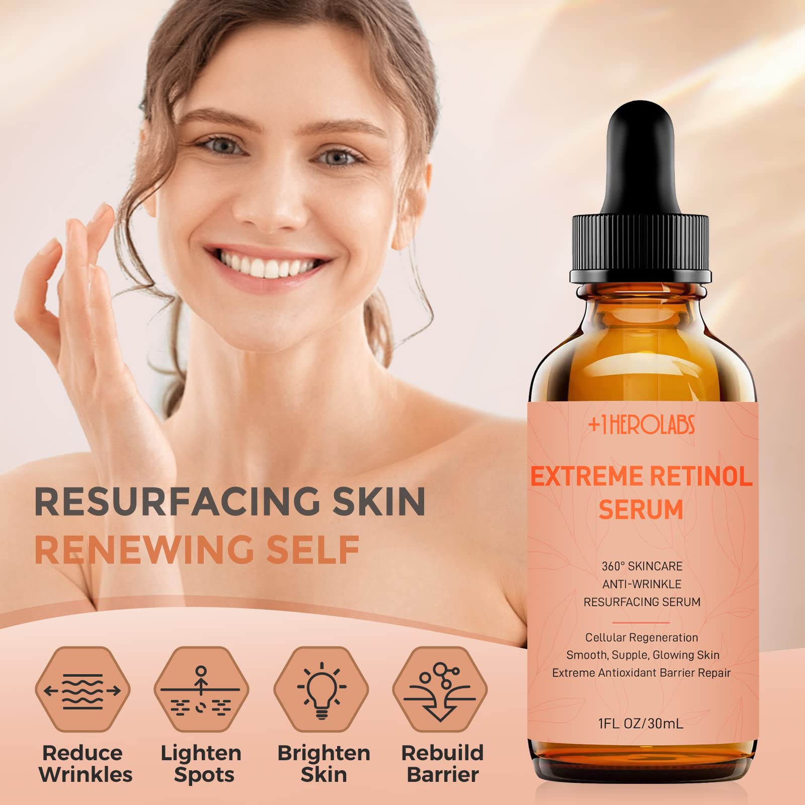 +1HEROLABS Retinol Serum 2.5% with Vitamin C & E, B5, Hyaluronic Acid, 1 Fl Oz - Anti-Aging, Dark Spot Corrector, Orange