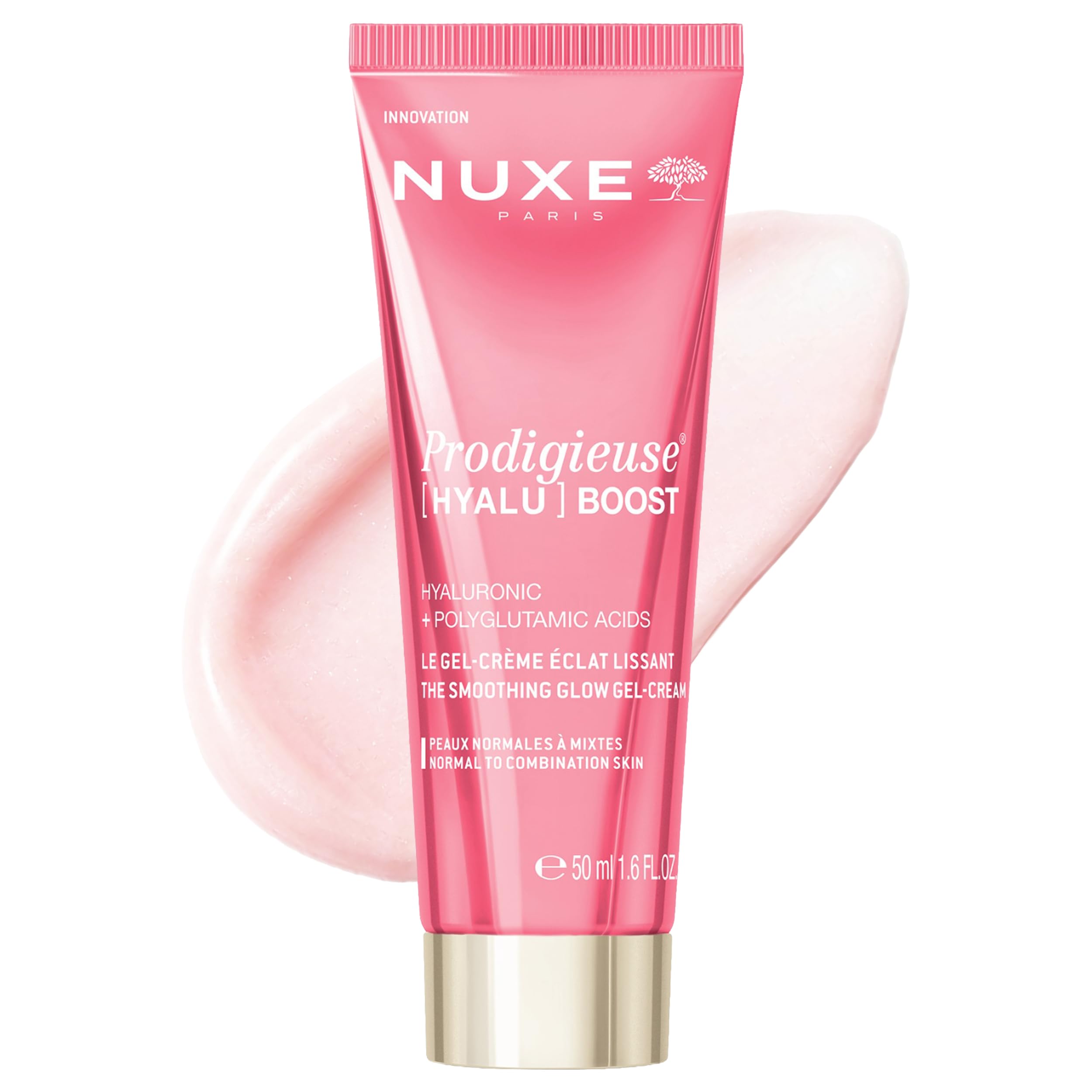 NUXE Prodigieuse Hyalu Boost Radiance Smoothing Gel-Cream, Hydrating Face Cream With Hyaluronic Acid and Peptides, Smooths Fine 