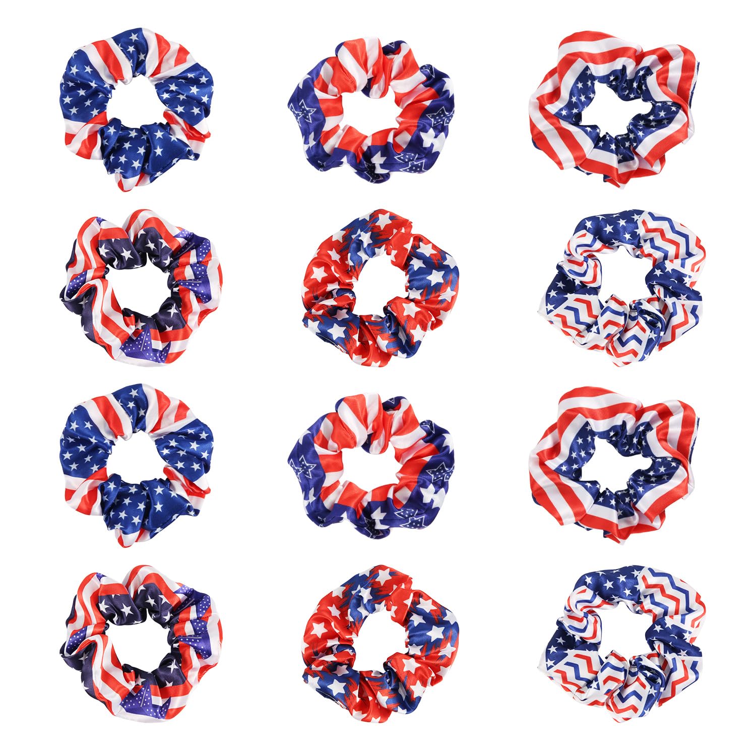 12pcs Patriotic Elastic Hair Band, Girls Women Red White and Blue Scrunchies Accessories Patriotic Ponytail Bands American Flag 