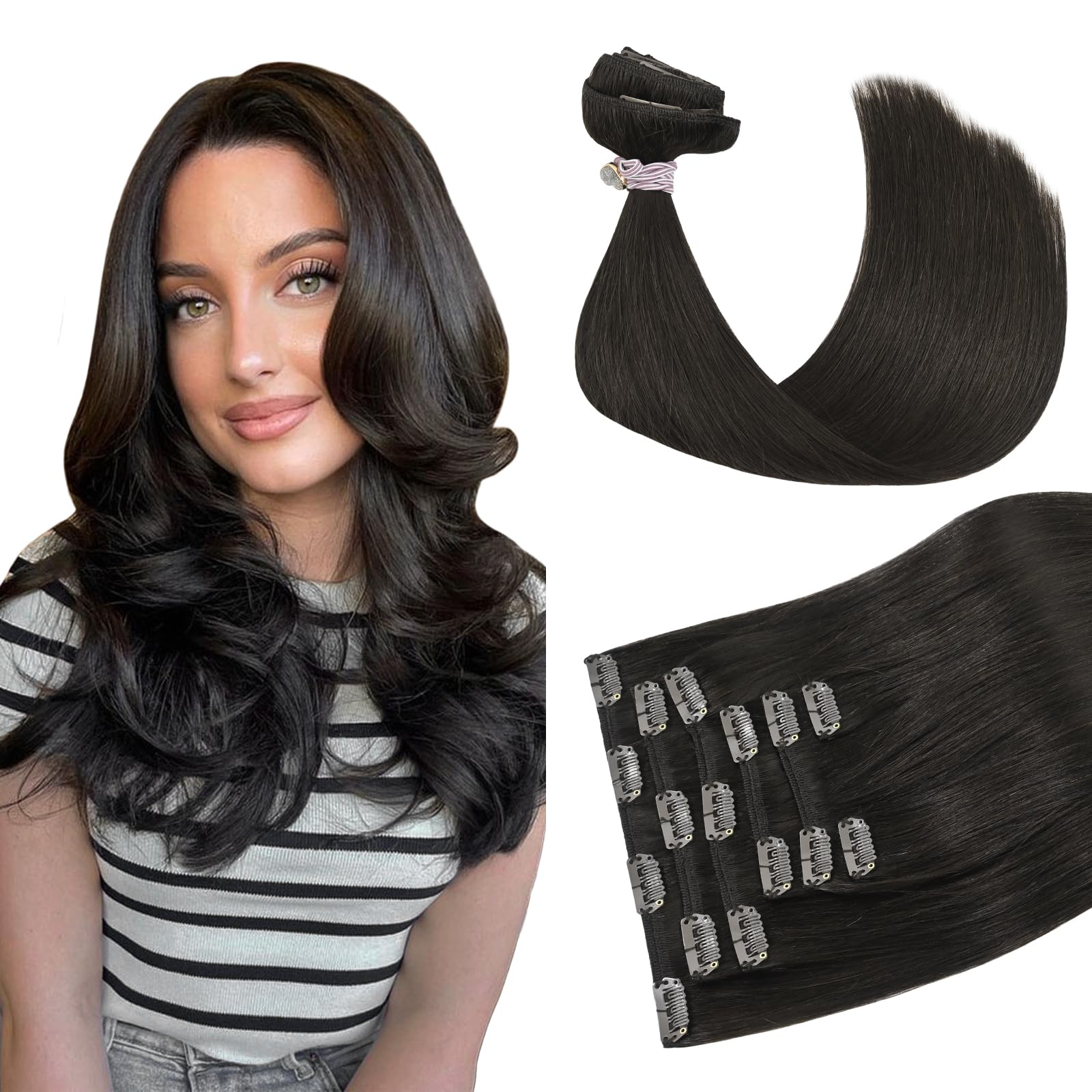 HUAYI Dark Brown Clip in Hair Extensions Real Human Hair 120g Remy Human Hair Clip in Hair Extensions 18 Inches Soft Silky Strai