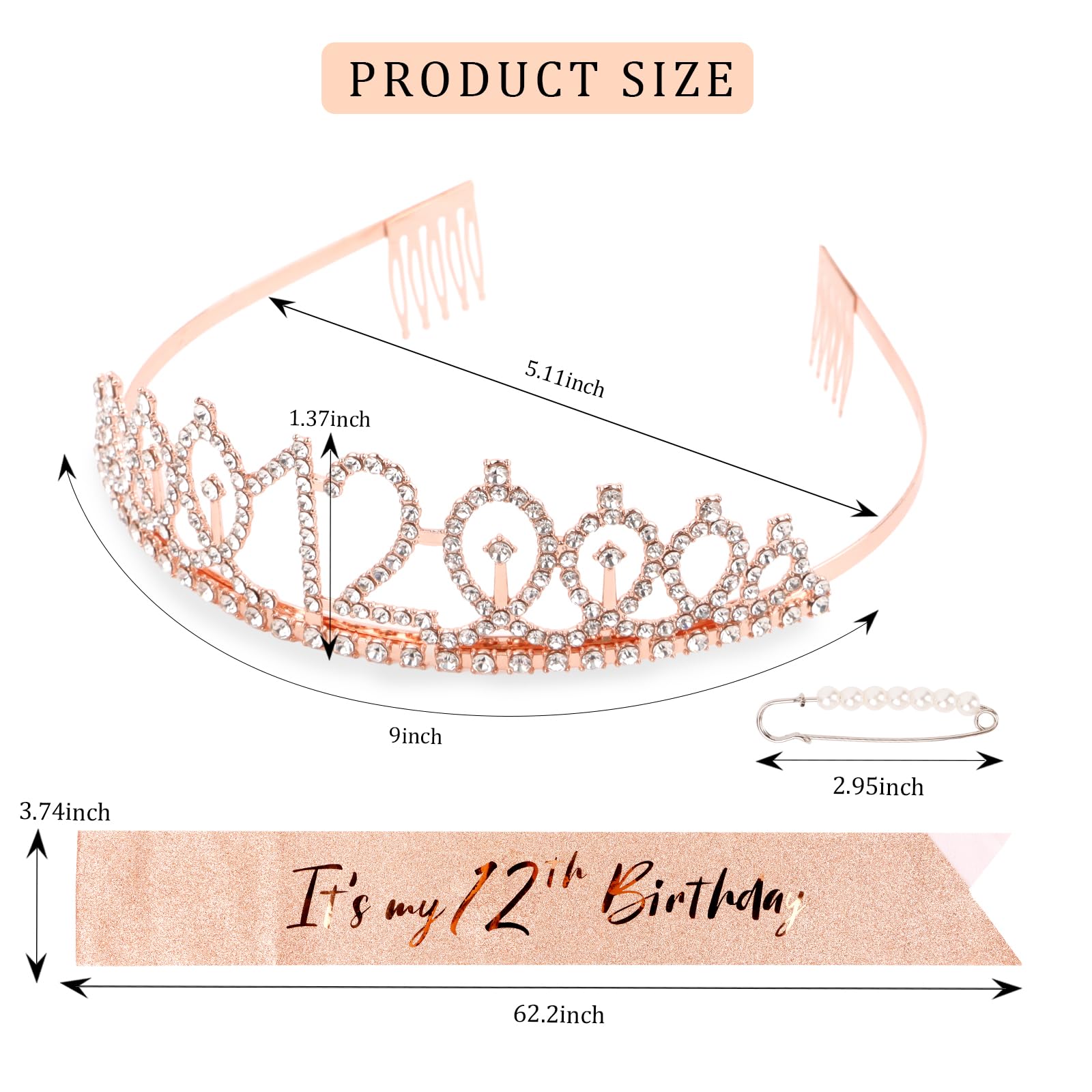 Cieher 12Th Birthday Crown + 12Th Birthday Sash + Pearl Pin Set, It'S My 12Th Birthday Sash, 12 Birthday Tiara, 12Th Birthday De