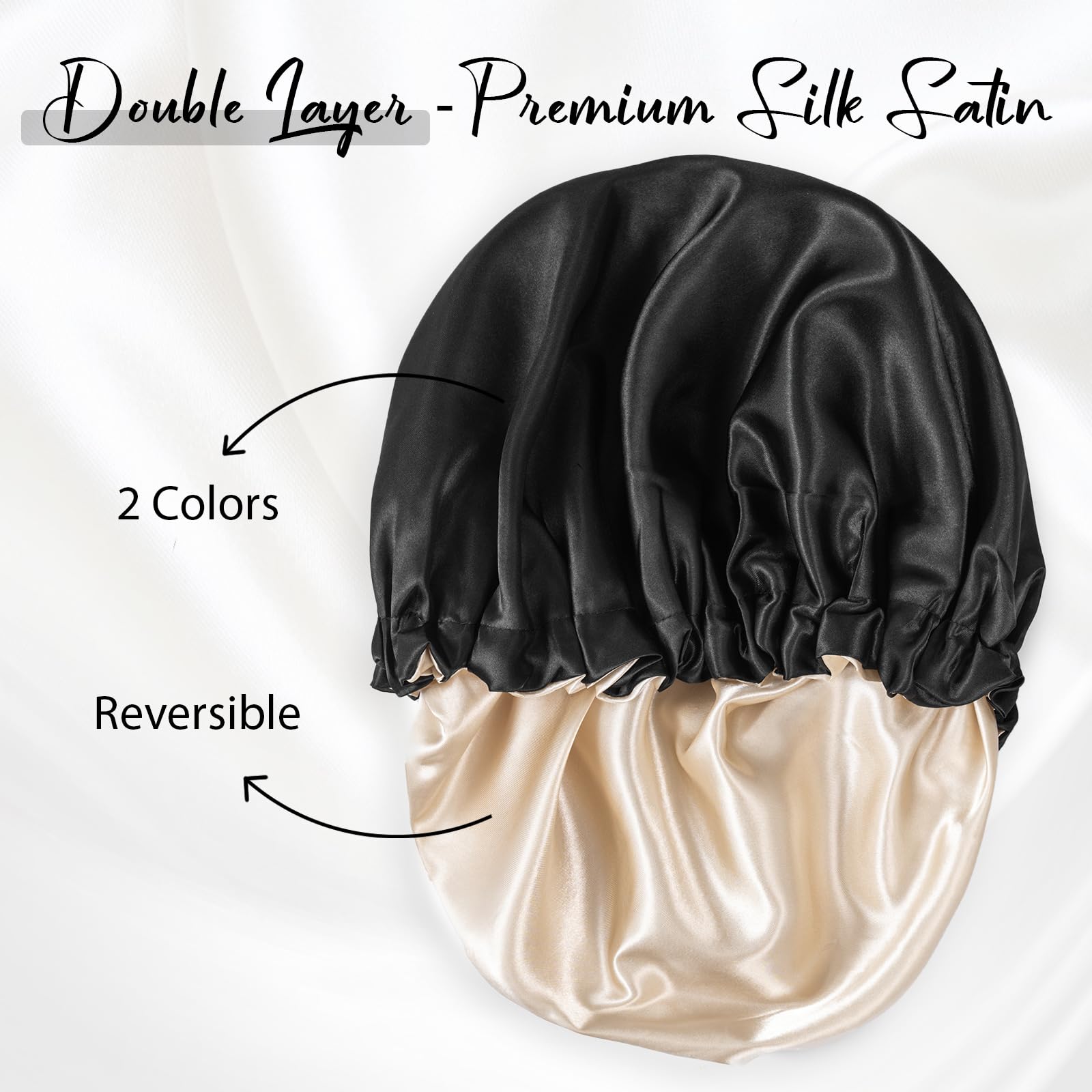 Wigi 100% Silk Satin, Double-Layer, Silk Bonnet For Sleeping Satin Bonnet With Scrunchie Gift, Breathable & Adjustable Black