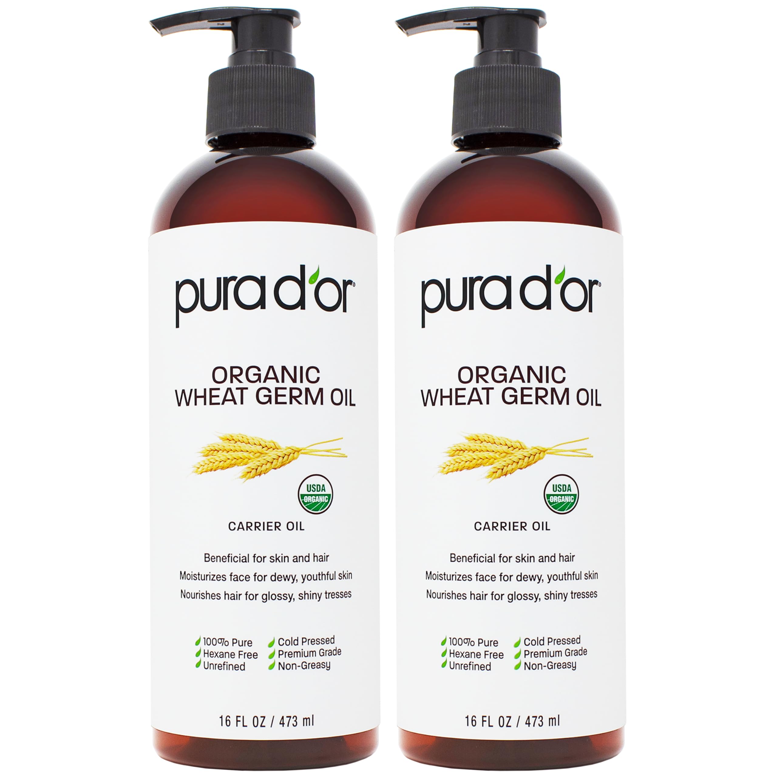 PURA D'OR ORGANIC Wheat Germ Oil (16 Oz x2 = 32 Oz) 100% Pure & Natural USDA Certified Cold Pressed Carrier Oil - Vitamin E Rich
