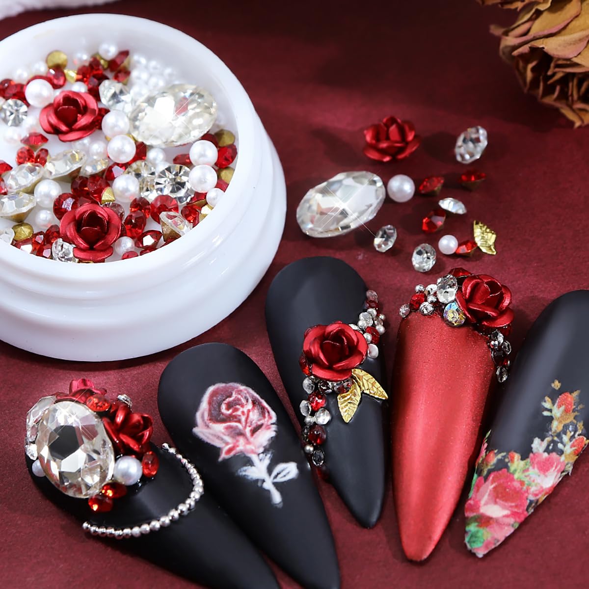 3D Red Rose Nail Art Charms, Romantic Flowers Nails Decorations Mix Shiny Pearl Crystal Gems Nail Rhinestones Diamonds For Girl
