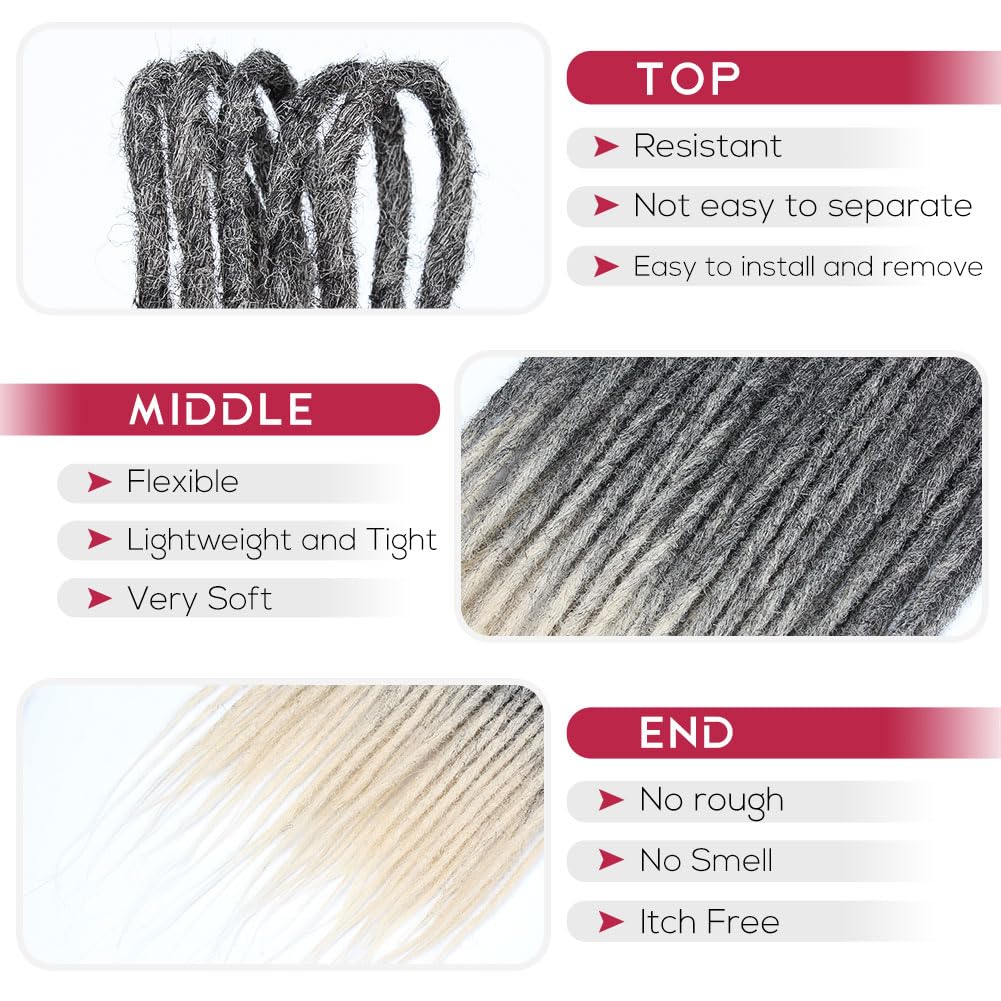 Kraler 18'' Double Ended Dreadlock Extensions, 20 Strands Handmade Gray to Blonde Synthetic DE Dreads Extensions, Thin 0.6cm Wid