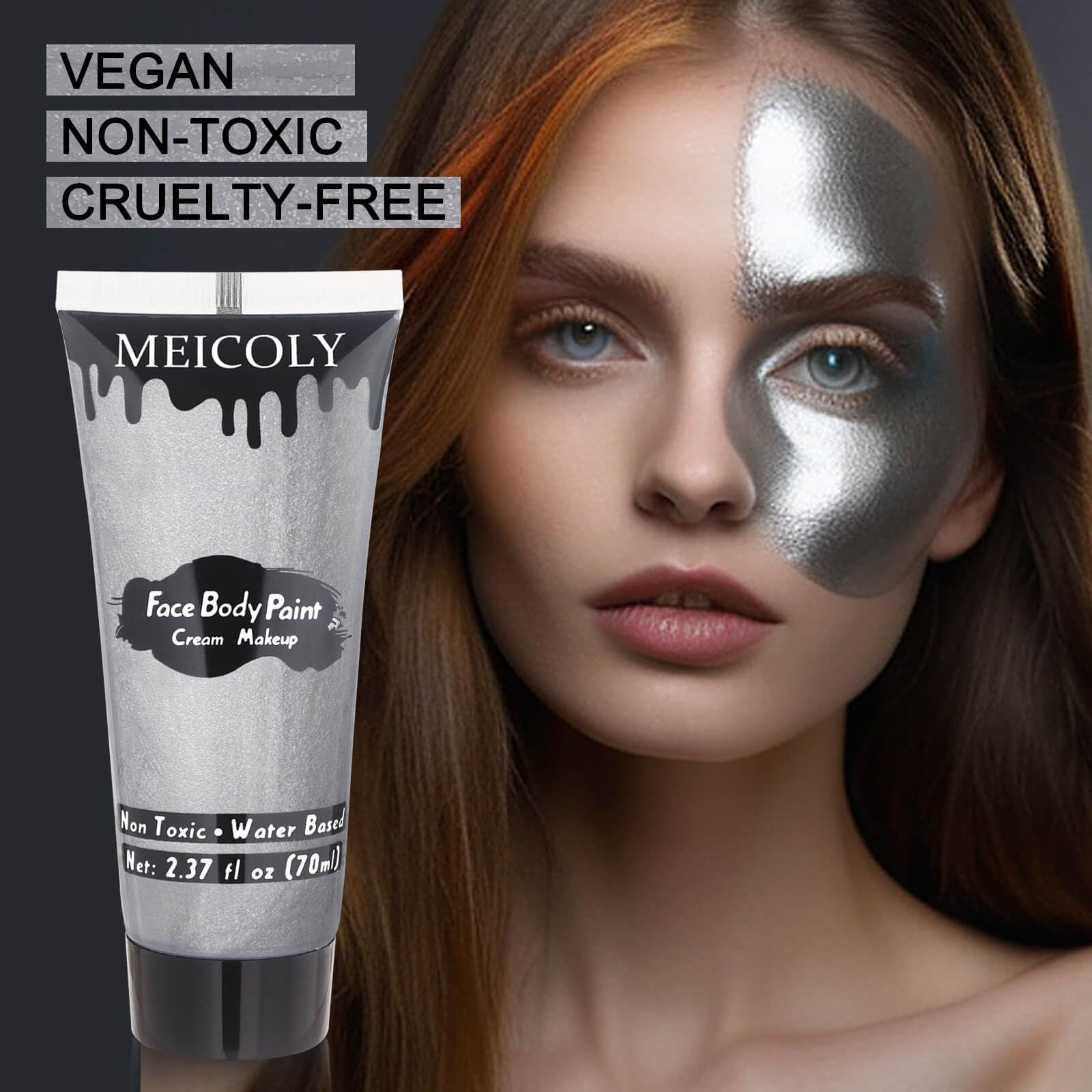 Meicoly Cream Metallic Silver Face Body Paint,2.37Oz Large Tube Water Based Full Body Paint For Adults And Children,Professional