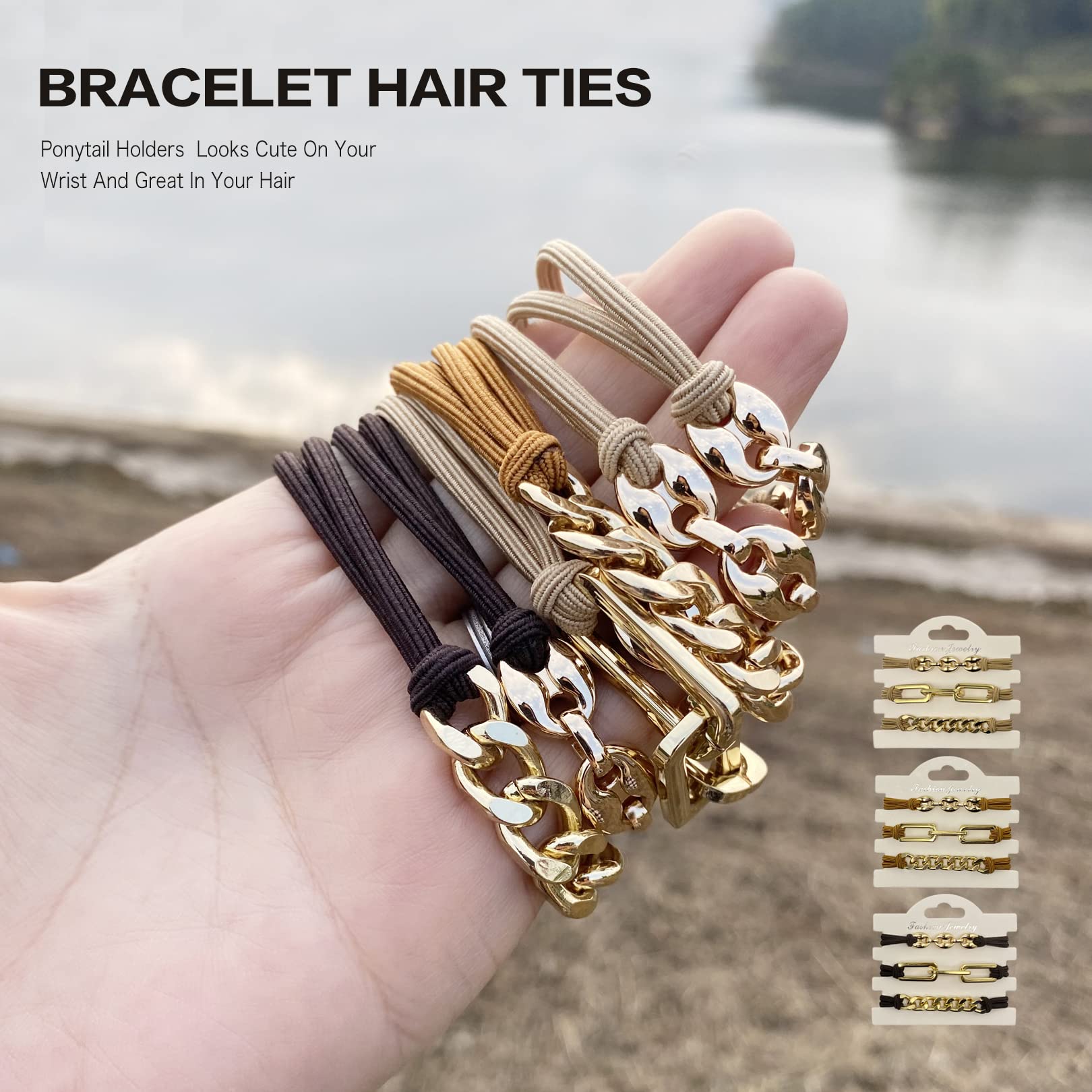 Bracelet Hair Ties Decorative Gold, Pretty High Ponytail Holder Cute Elastic Ponytail Jewelry Luxury Scrunchies Caramel