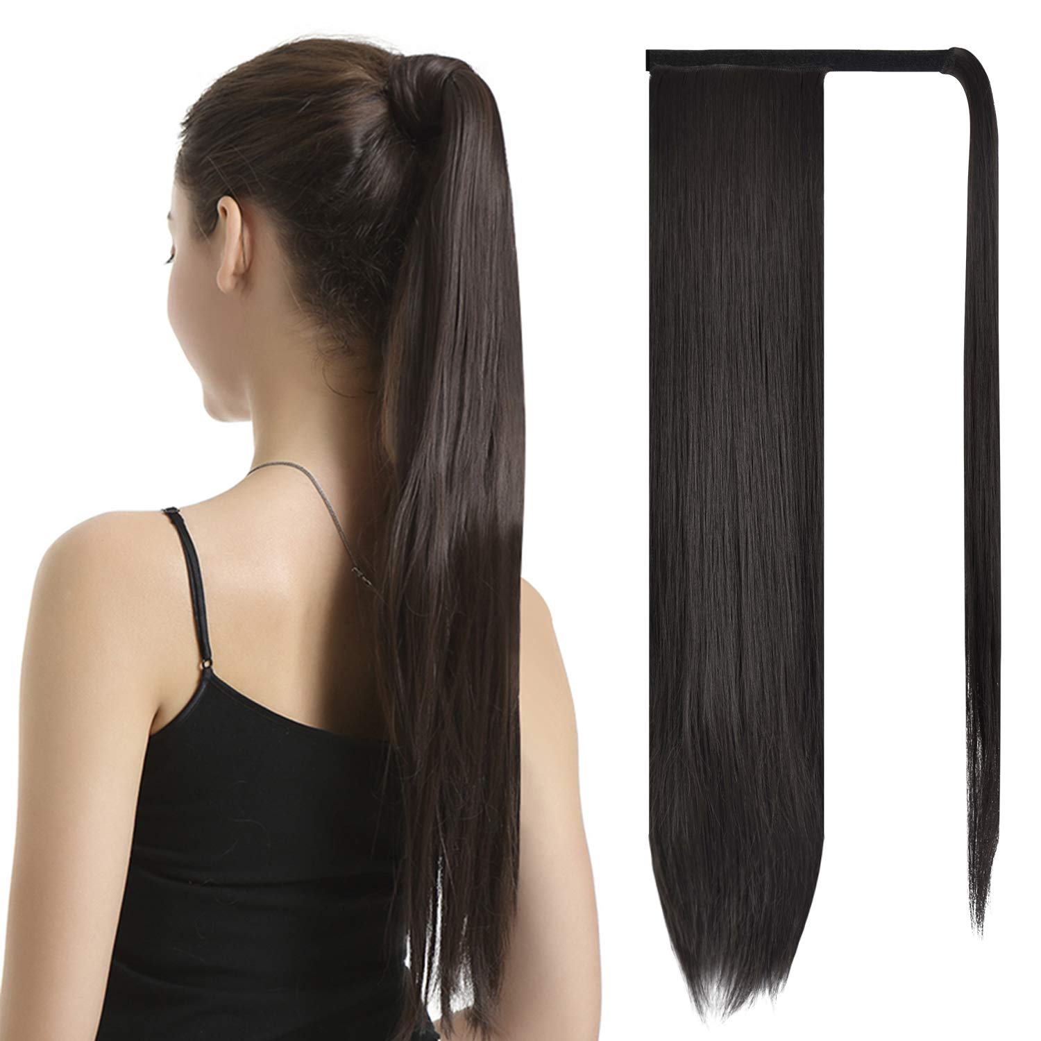 BARSDAR 30 Inch Ponytail Extension Long Straight Wrap Around Clip in Synthetic Fiber Hair for Women - Darkest Brown