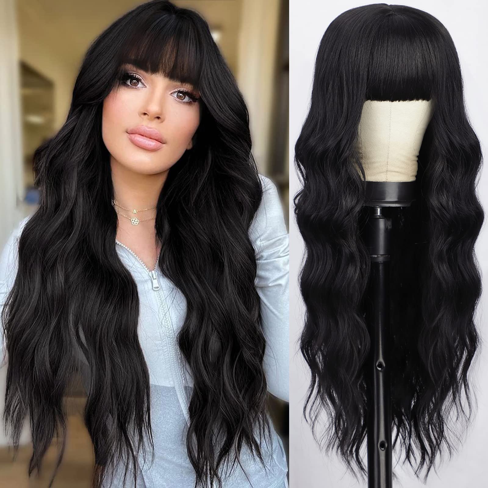 AISI QUEENS Black Wig with Bangs, Long Black Wavy Wigs for Women Synthetic Wigs Natural Black Curly Hair Wig for Girls Daily Par