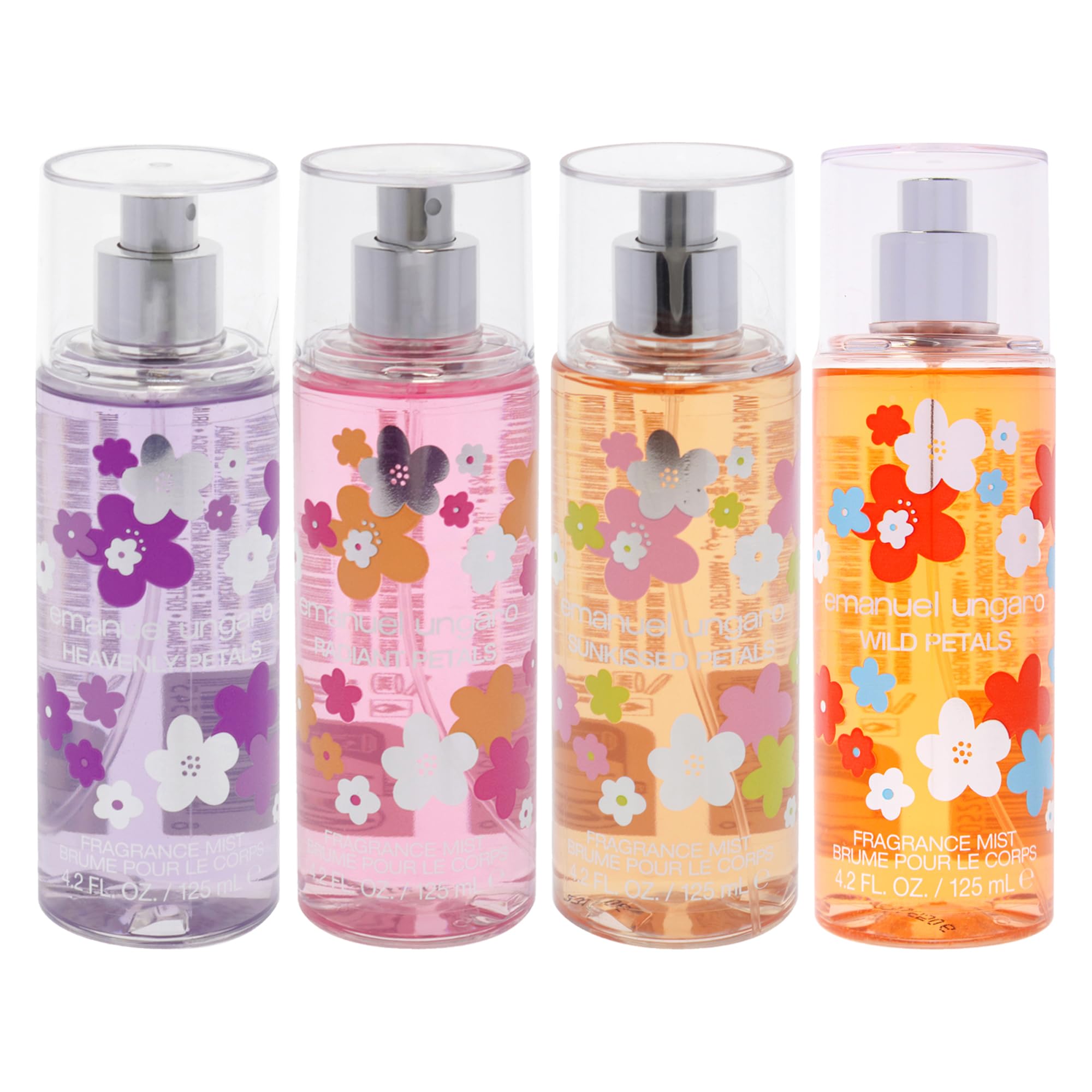 Petals Fragance Mist Kit by Emanuel Ungaro for Women - 4 Pc Kit 4.2oz Radiant Petals Fragrance Mist, 4.2oz Sunkissed Petals Fragrance Mist, 4.2oz Wild Petals Fragrance Mist, 4.2oz Heavenly Petals Fragrance Mist