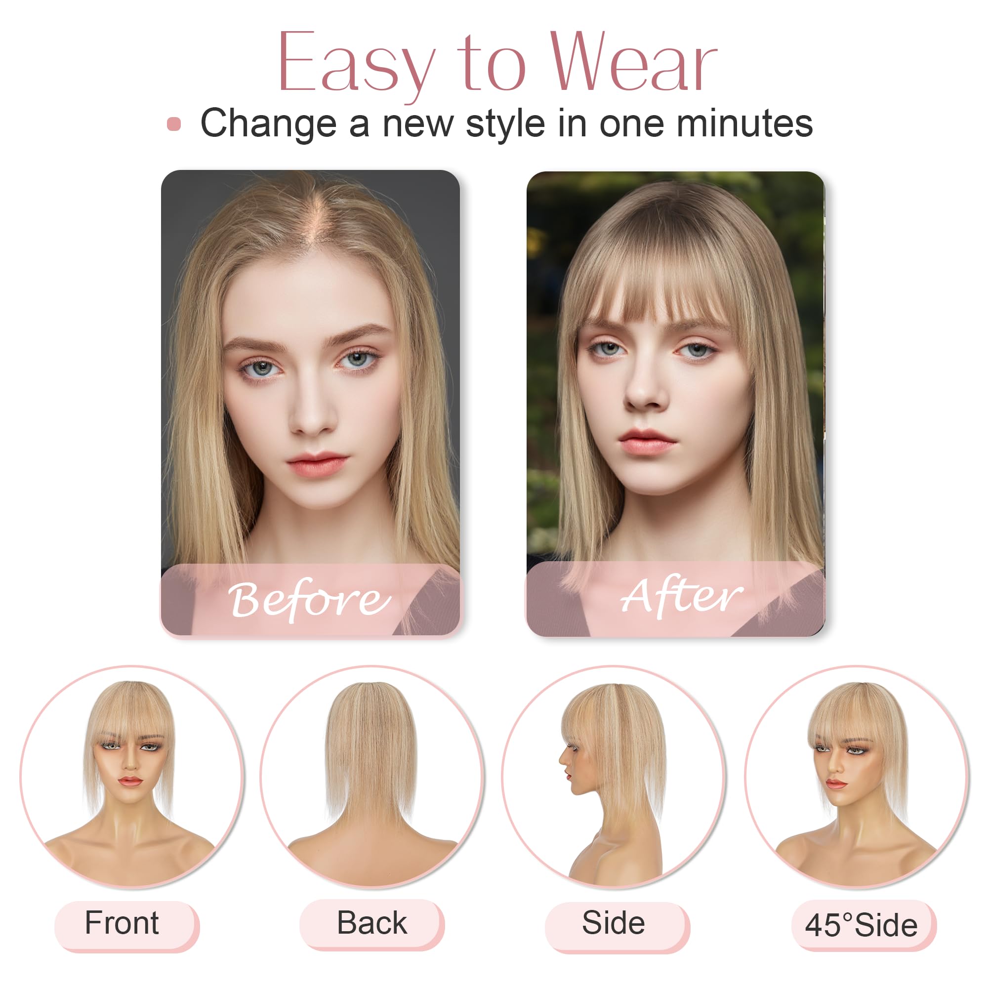SEGO Hair Toppers for Women Real Human Hair with Bangs Mono Base 14 Inch Clip In Bangs Wiglets Topper Hair Pieces for Women with