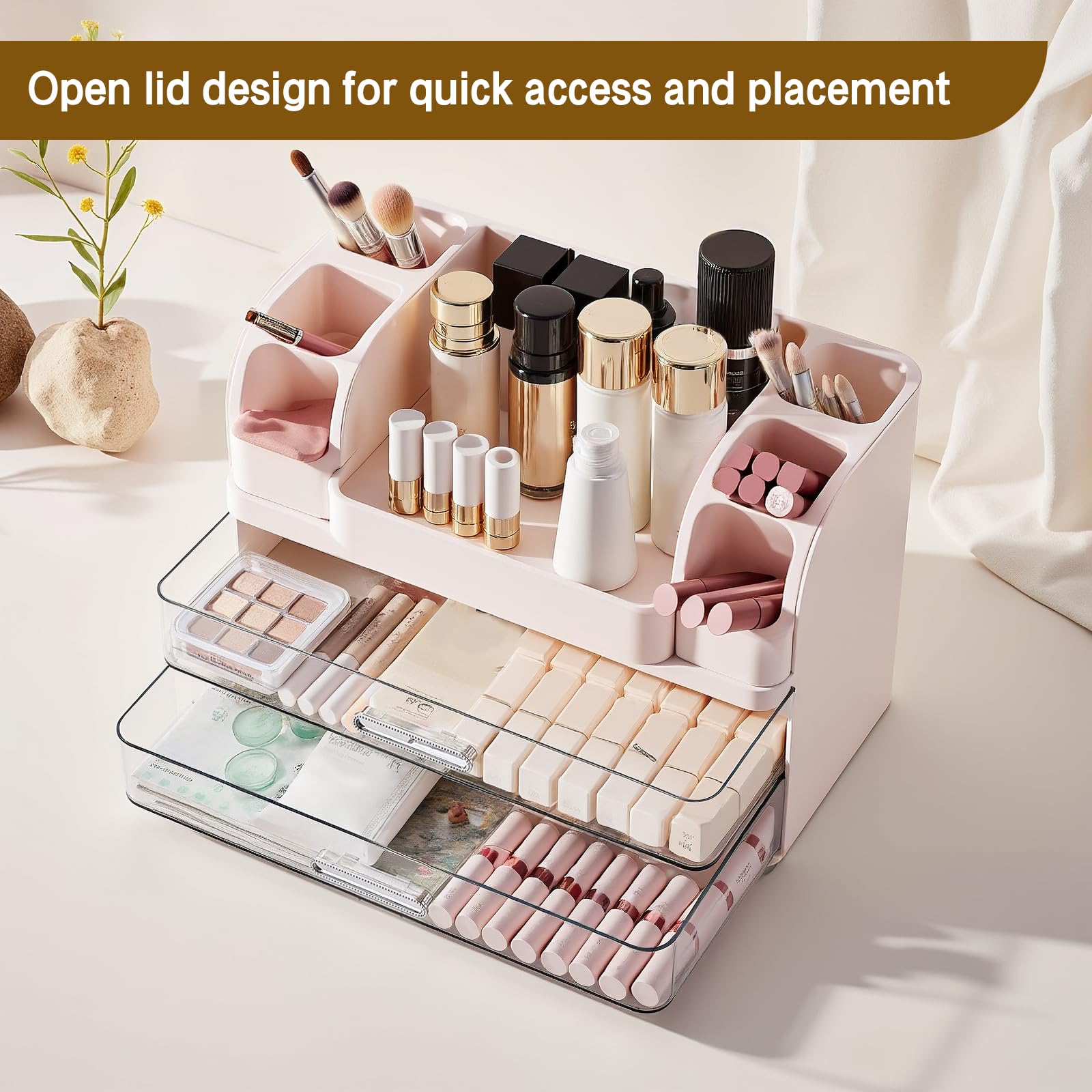 Makeup Organizer for Vanity Countertop with 2 Large Drawers, Spacious Display Cabinet, Partitioned Top Compartment 6 Brush Holde