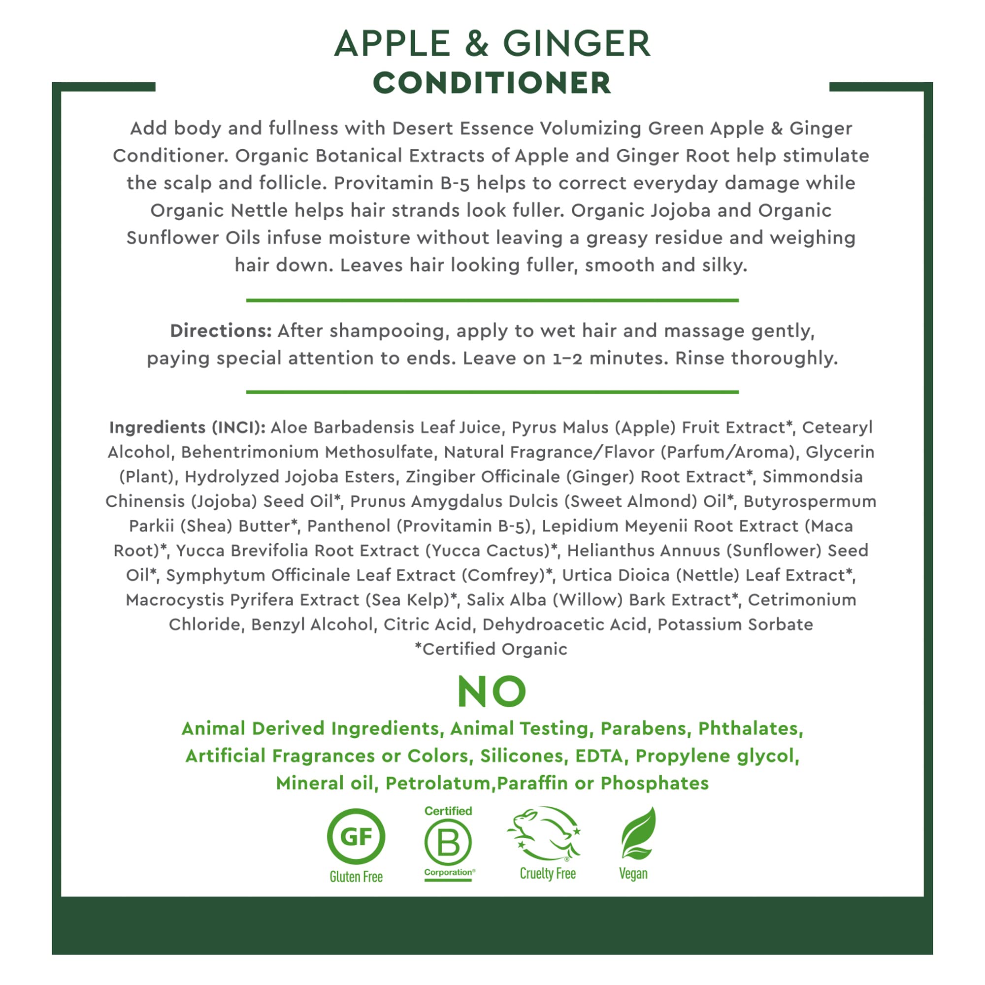 Desert Essence, Thickening Conditioner, Green Apple and Ginger, Vegan, 8 oz