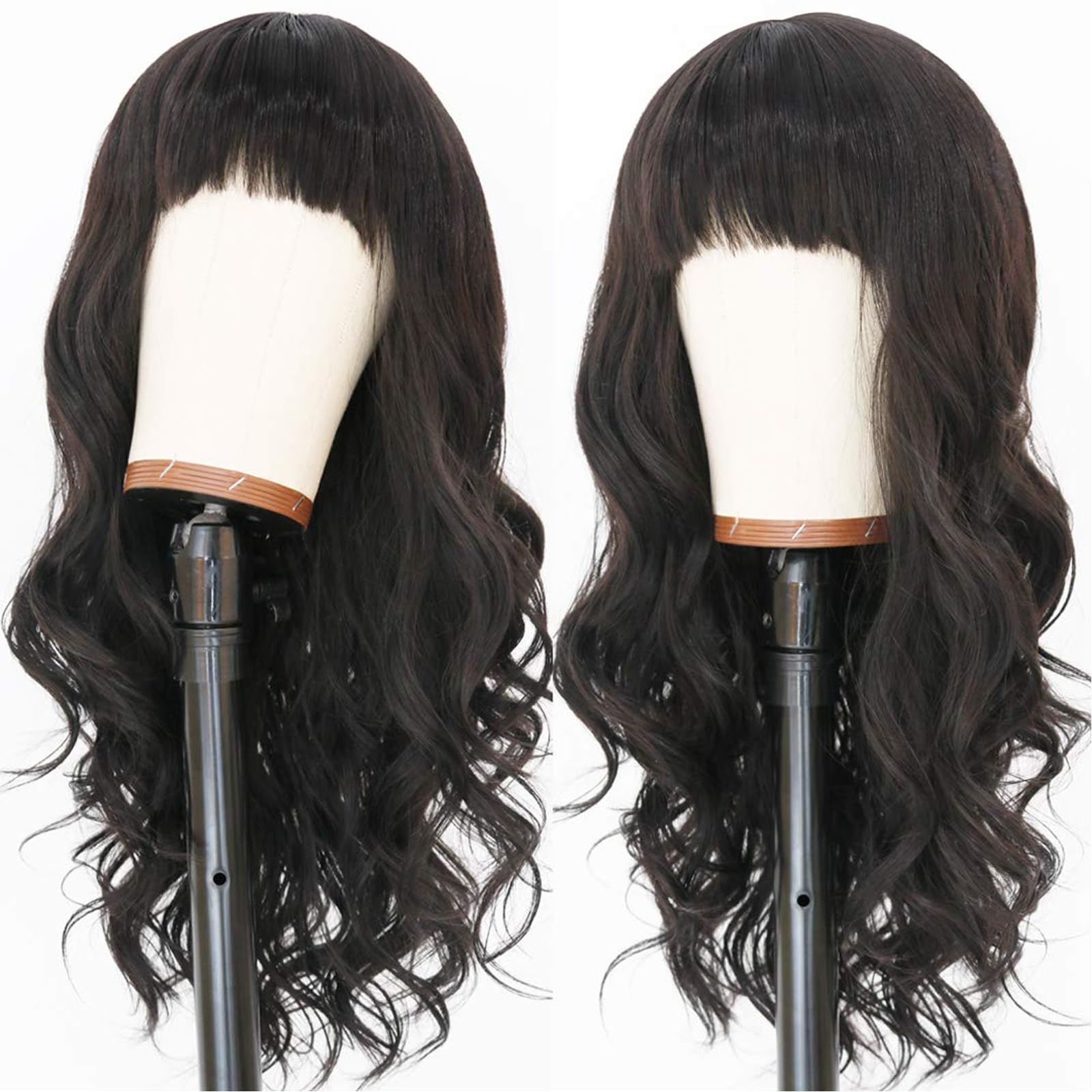 Evlynn Wigs With Bangs Long Curly Wavy Wave Wig Synthetic Fiber Natural Black Hair Glueless Long Wig Full Machine None Lace Fron
