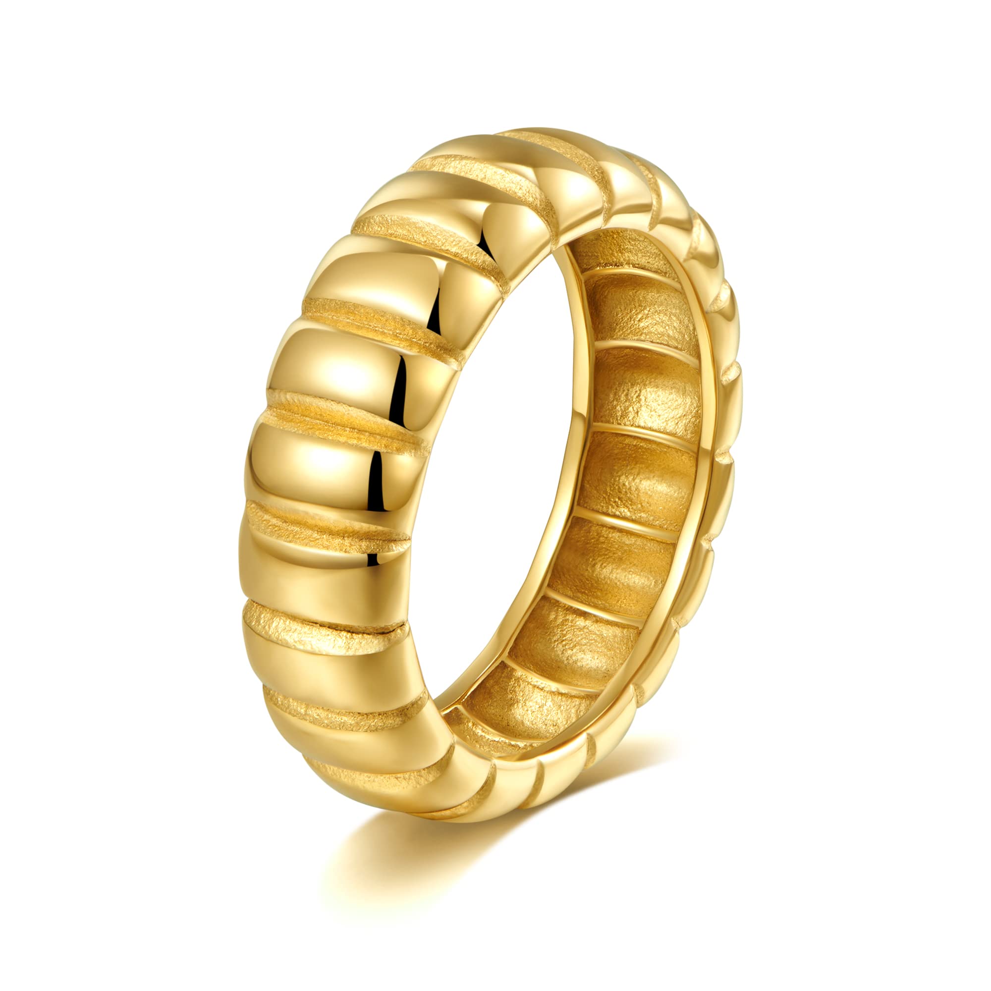 AllenCOCO 14k Gold Plated Chunky Rings, Thick Ribbed rings, Unisex Minimalist Gold Band Ring, Croissant Dome Rings Comfort Fit S