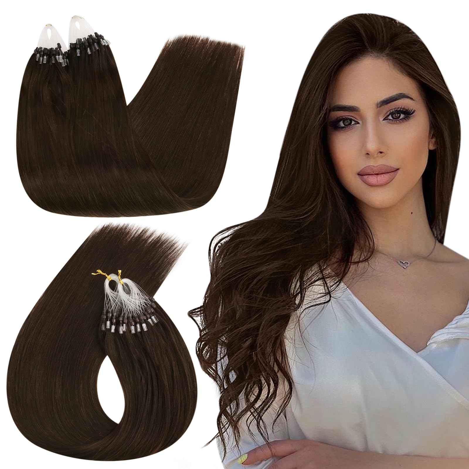 Ugeat Micro Loop Hair Extensions Real Human Hair Dark Brown Microbead Extensions Real Human Hair Silky Straight Micro Ring Human