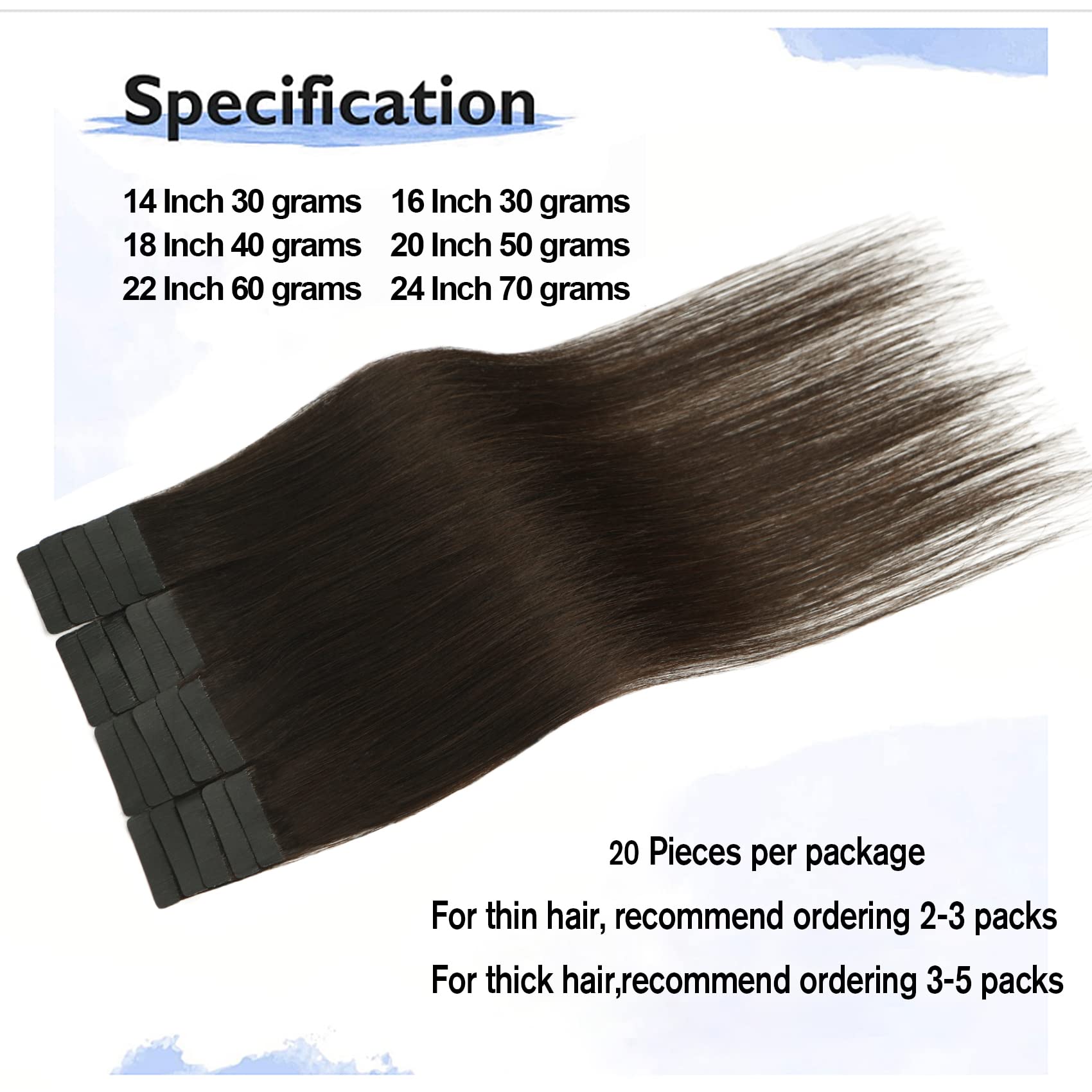 Aison Dark Brown Invisible Tape In Hair Extensions Human Hair 16 Inches 30G 20 Pcs/Pack Tape Ins Human Hair Extensions Invisible