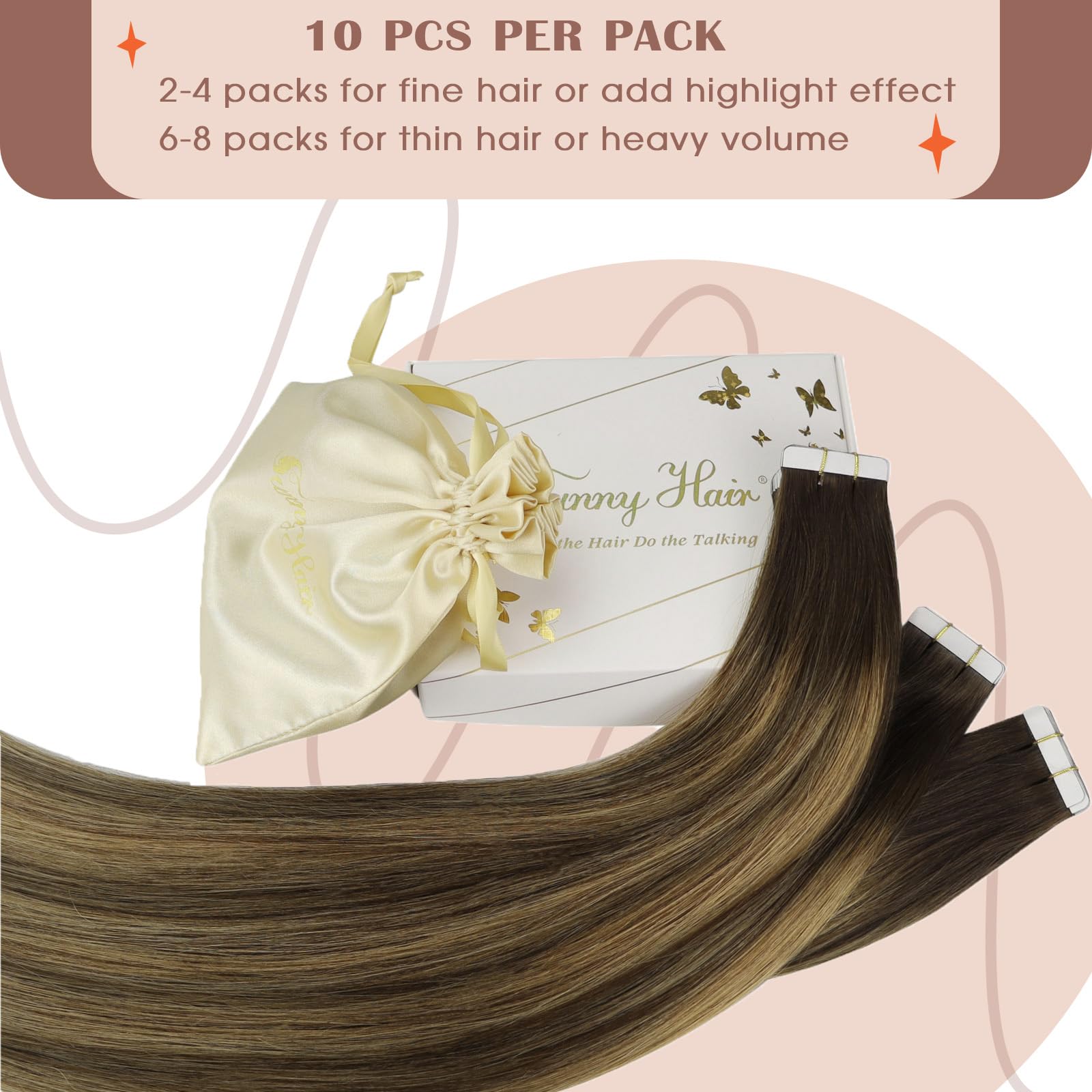 Sunny Hair Tape in Hair Extensions Real Human Hair Invisible Remy Hair Extensions Tape ins for Women Dark Brown Ombre Caramel Bl