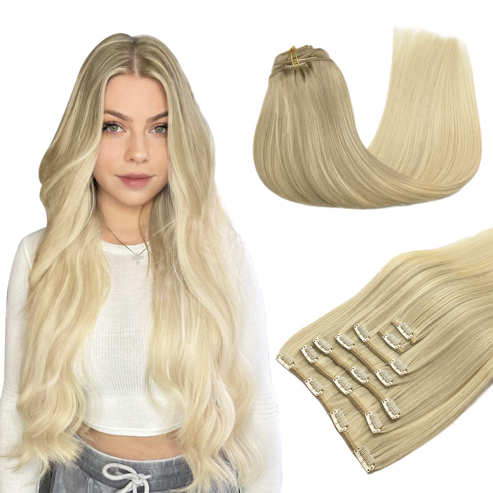 Hair Extensions Clip in Human Hair, 120g 7pcs Ash Blonde to Golden Blonde and Platinum Blonde 14 Inch, MAXITA Real Hair Extensio