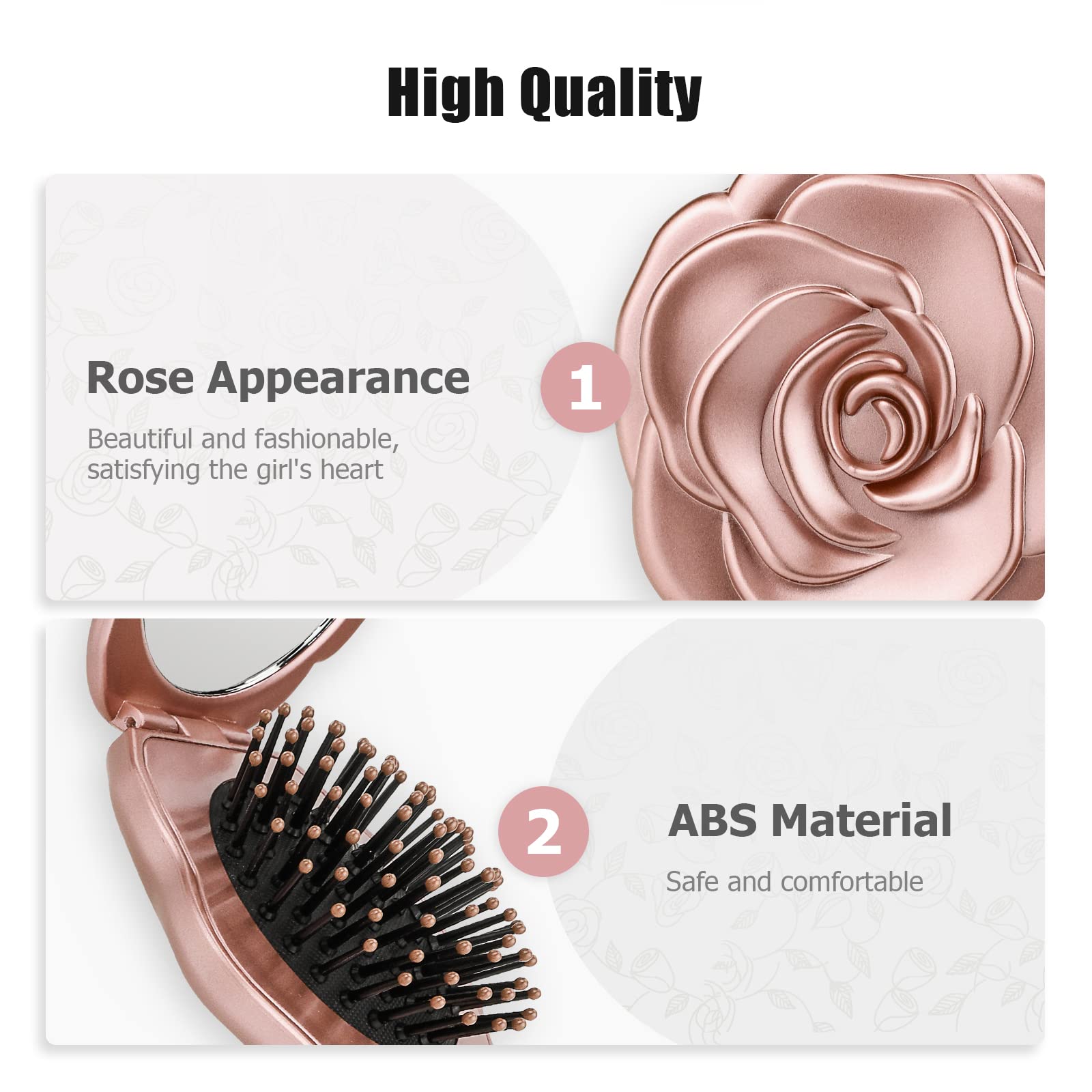 Travel Folding Hair Brush, Roses Mini Pocket Mirror Brush Easy to Carry for Small Spaces Nylon Brush/Comb/HairBrush for Women Me