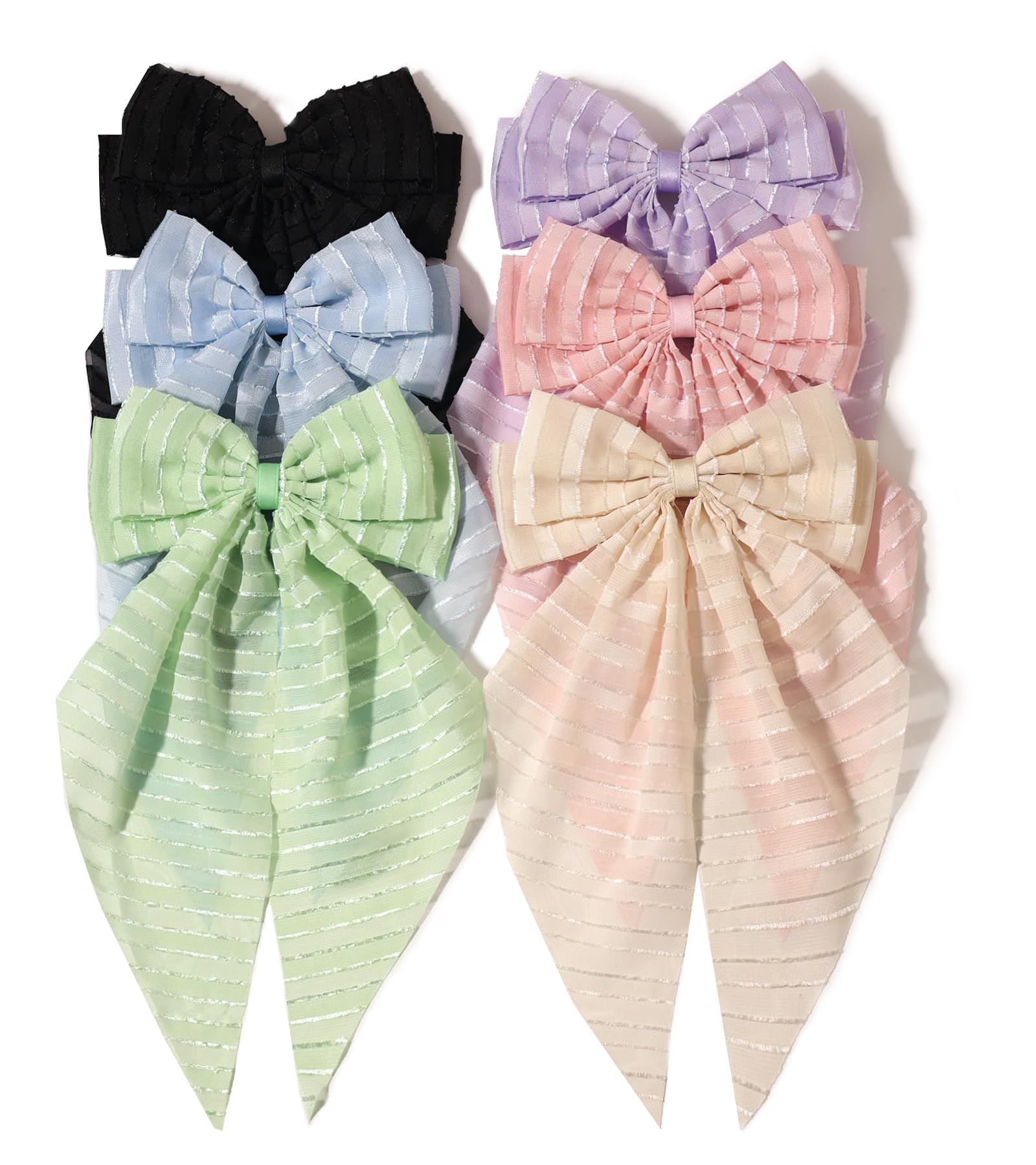 Furling Pompoms Hair Clip - Hair Bow Clip for Women, 6 Pieces, Large Hair Bows with Long Tail Tulle Striped and Ribbon Bows, Sui