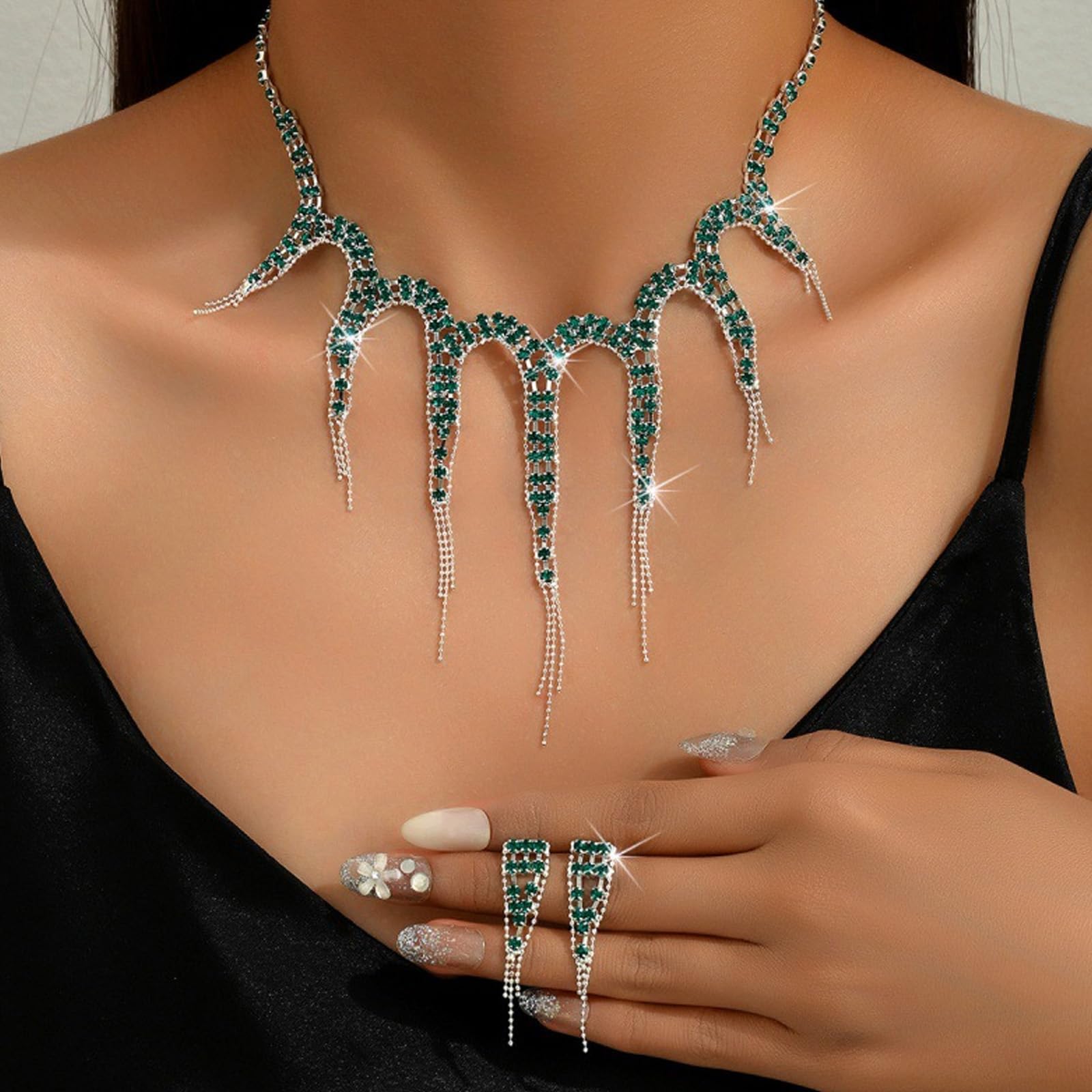 HUASAI Green Wedding Jewelry Sets for Brides Rhinestone Necklace Earrings Bracelet Set Bridal Costume Jewelry for Women Formal W