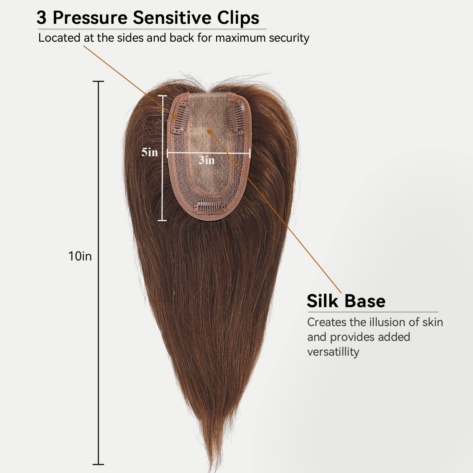 HAIRCUBE 100% Real Human Hair Toppers with Bangs 150% Density Silk Base Clip in Topper 7 * 13cm 10 Inch 2# Dark Brown 35g