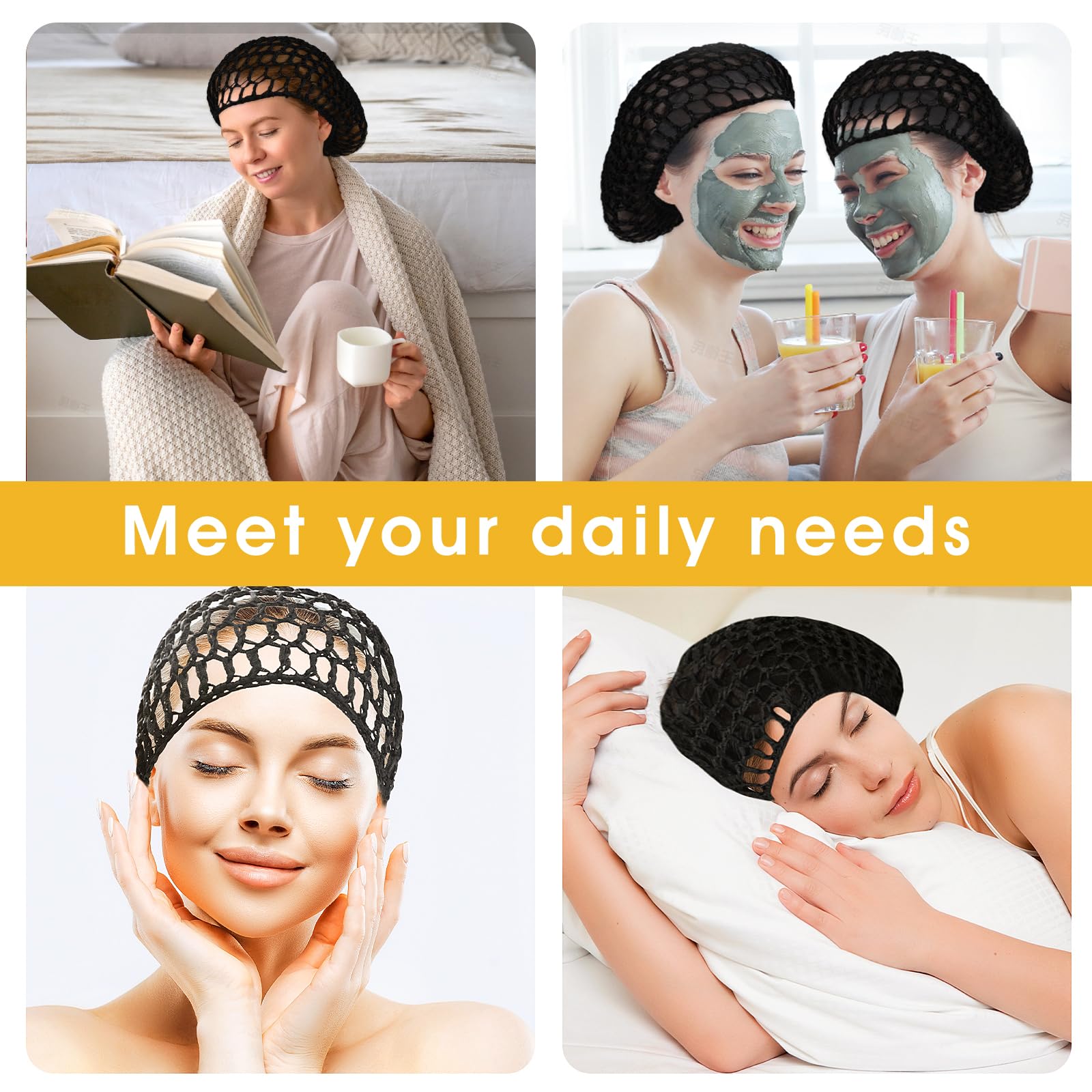 Hair Net For Sleep, 2 Pieces Mesh Crochet Hair Net Snood Hat Sleep Cap Shower Cover Ornament For Women Black And Gray