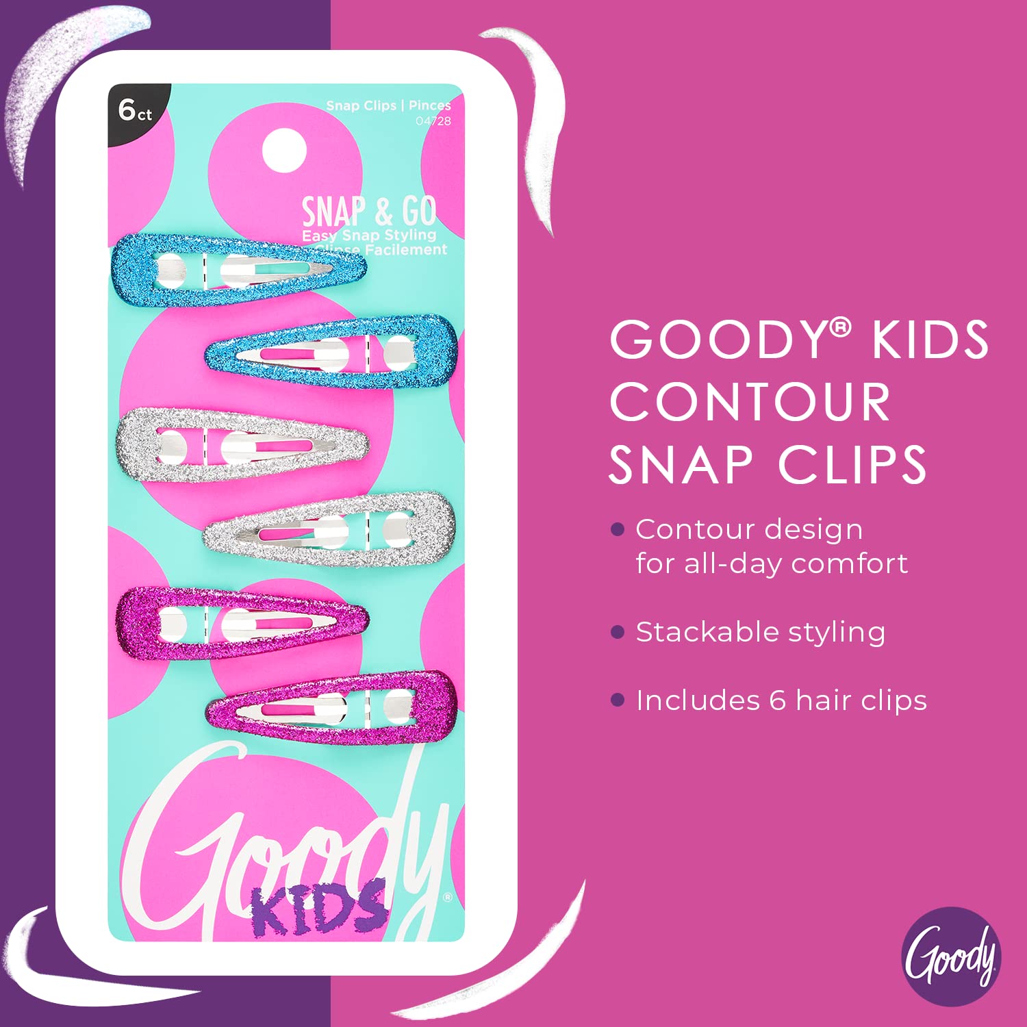 Goody Kids Contour Snap Clips - 6 Count, Assorted Glitter Colors - Just Snap Into Place - Suitable For All Hair Types - Pain-Fre