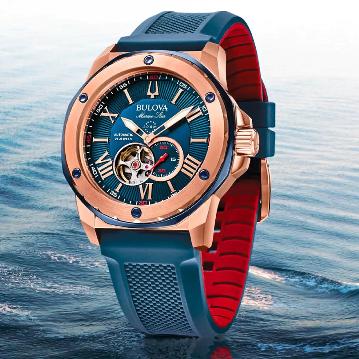 Bulova Mens Analogue Automatic Watch With Silicone Strap 98A227, Blue, Strap
