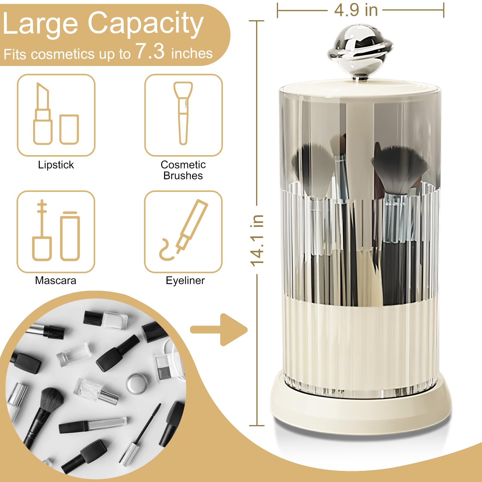 Makeup Brush Holder with Lid,One Touch Open 4 Slot Makeup Brush Case with Waterproof Dustproof, 360 Rotating Makeup Organizer fo