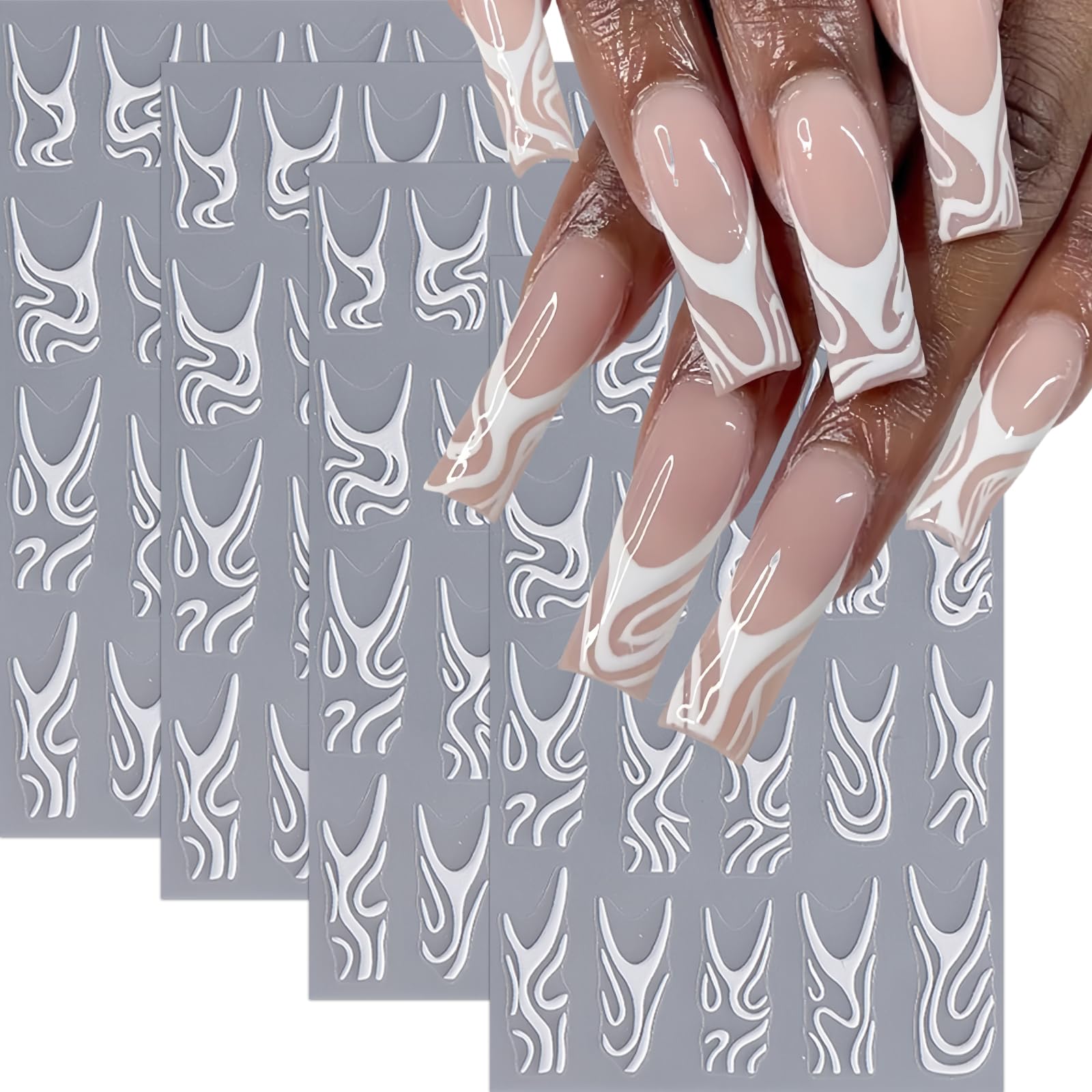 4Pcs White Swirls Lines Nail Stickers 5D Micro-Embossed Fantasy Wave Nail Art Stickers Abstract Lines Nail Decals Simple Design 