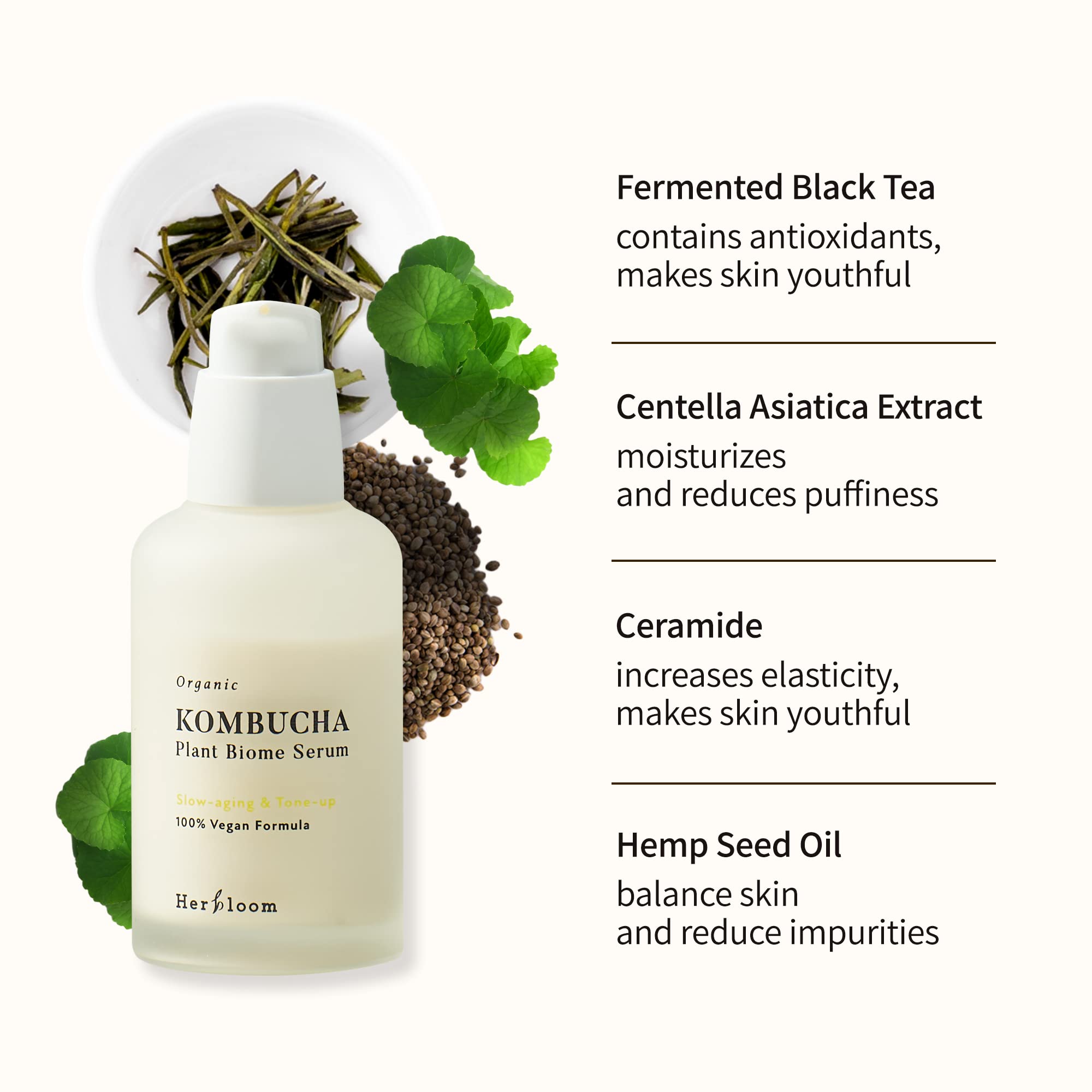 Herbloom Organic Kombucha Biome Serum - Deep Moisturizing and Hydrating Serum, Ceramide and Triple Hyaluronic Acid, Non Sticky,